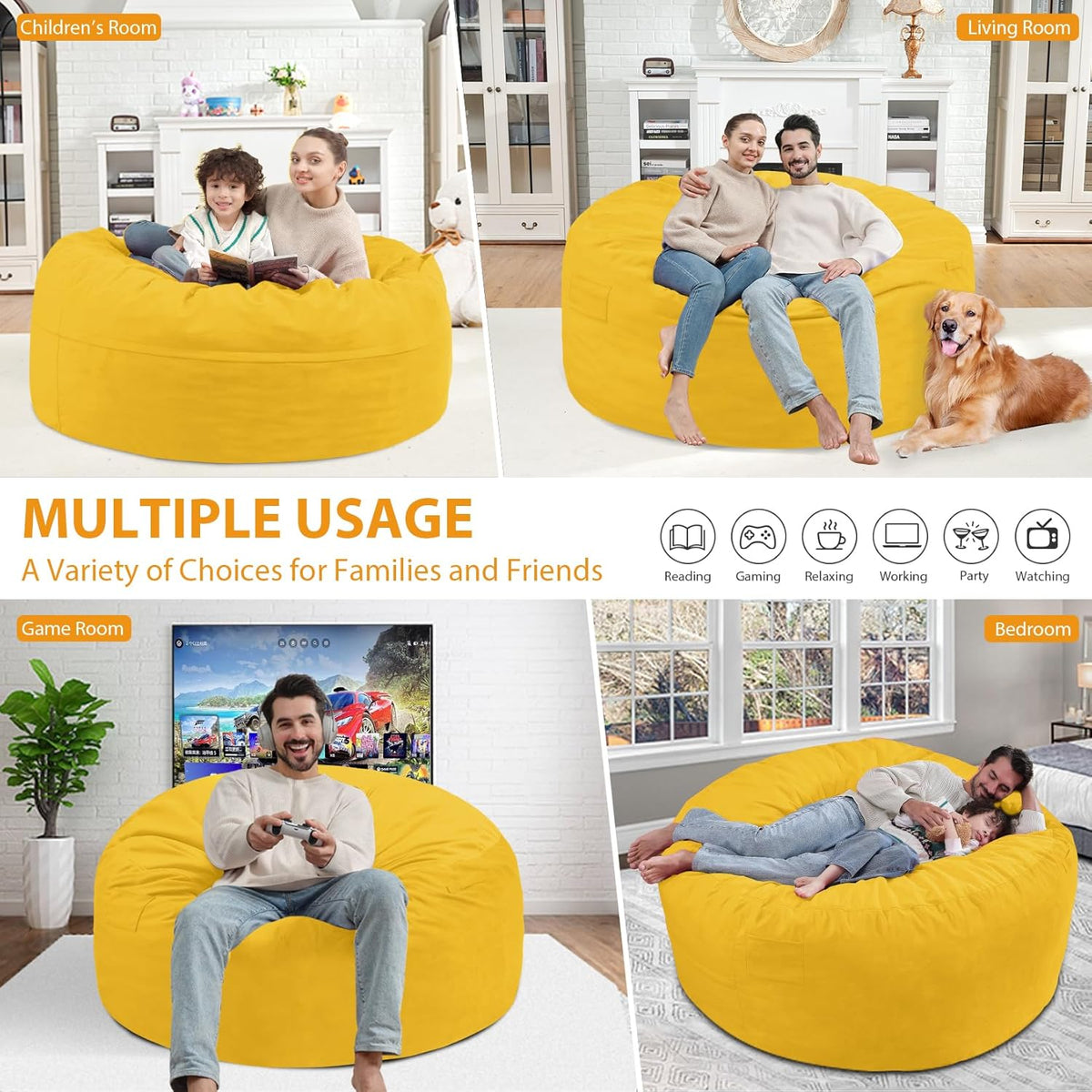 4FT Bean Bag Chair, Large Bean Bag Chairs with Memory Foam Filled, Fluffy Beanbag Sofa with Dutch Velvet Cover, Round BeanBag Chairs for Living Room, Playroom - Lemon