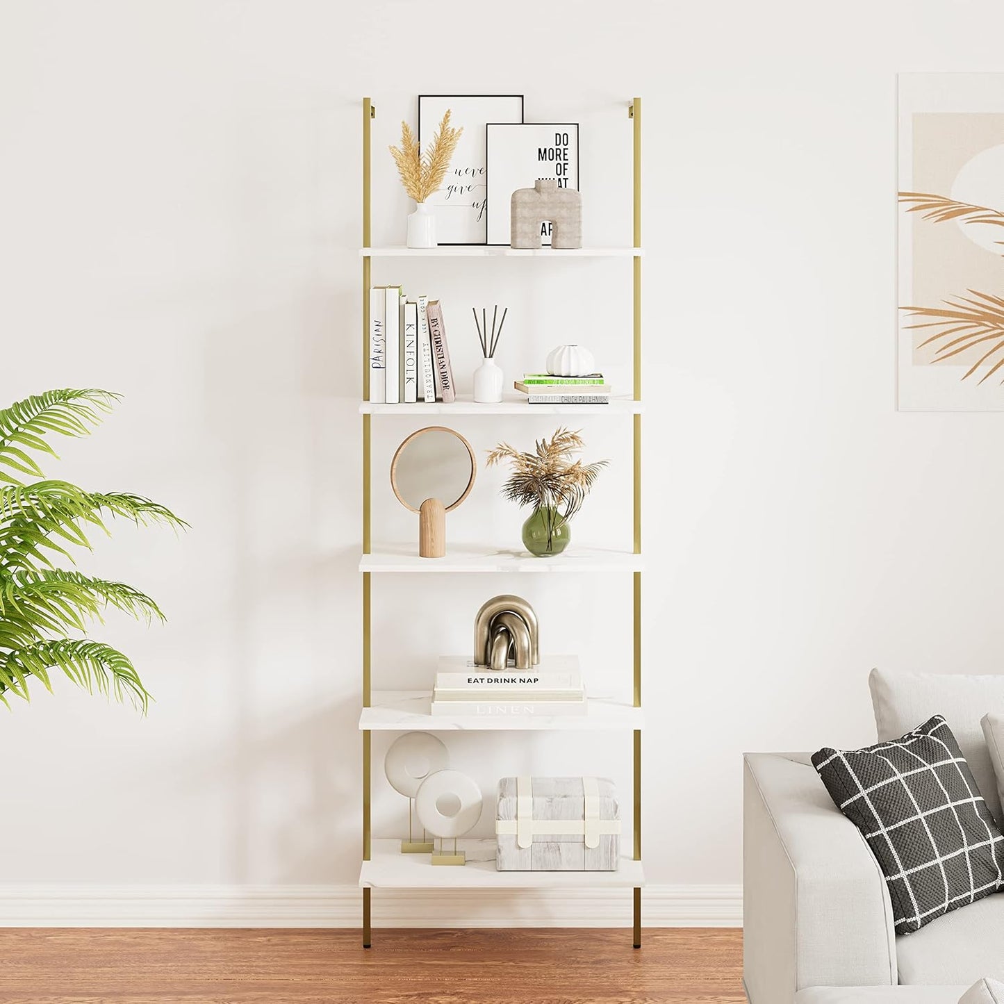5 Tiers Ladder Shelf White Marble Modern Bookshelf Open Tall Wall Mount Bookcase Standing Leaning Wall Shelves Industrial Decorative