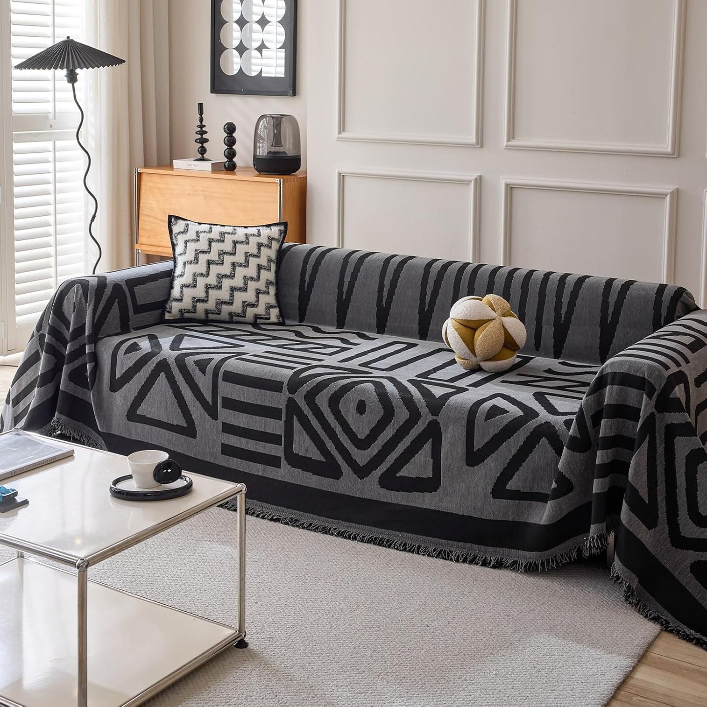 HANDONTIME Boho Geometric Couch Covers for Sofa Pet Friendly Dark Grey and Black Sofa Covers Washable Chenille Couch Blanket Cover for 2 Cushion Couches Pet Protector Furniture Cover Soft, 71" X 102"