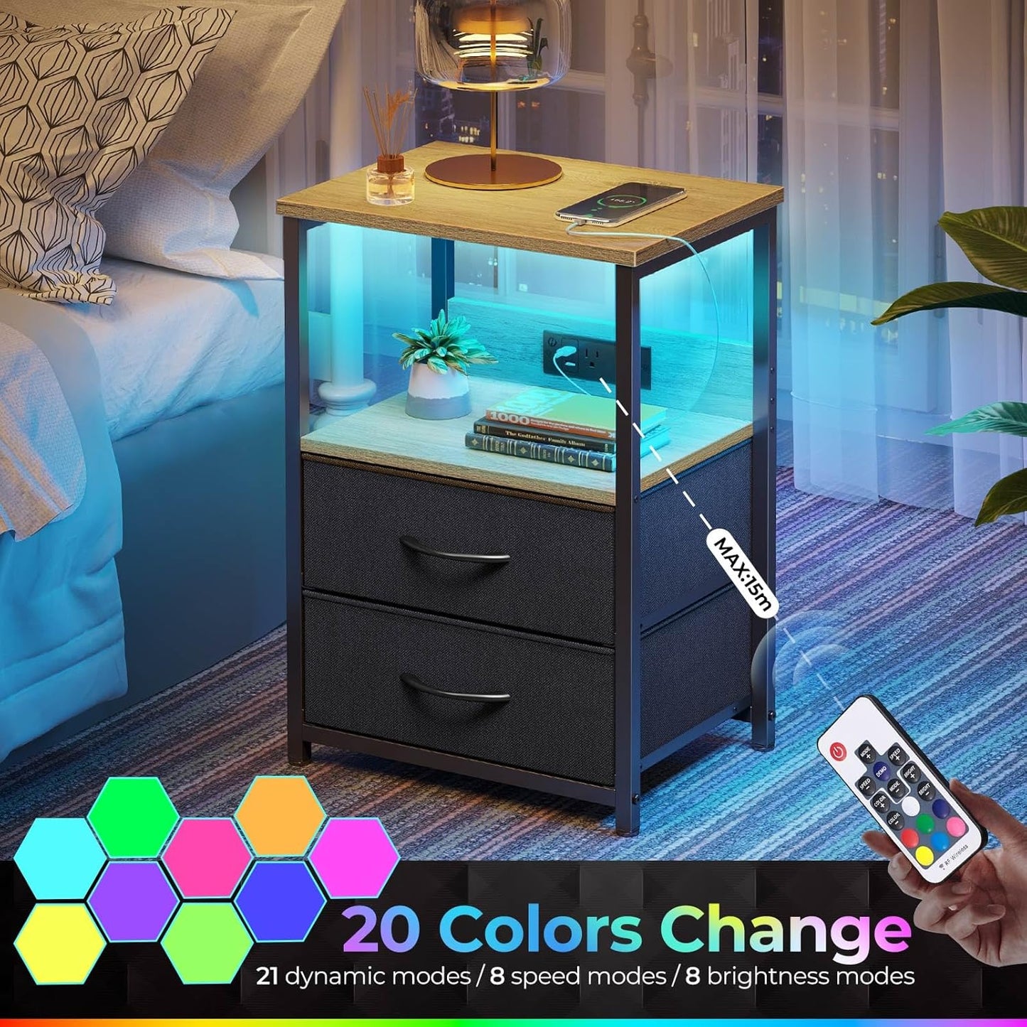 Seventable Nightstand with Charging Station, Bedside Table with LED Lights, Night Stand with 2 Fabric Drawers, 3-Tier Storage End Table for Bedroom, Greige