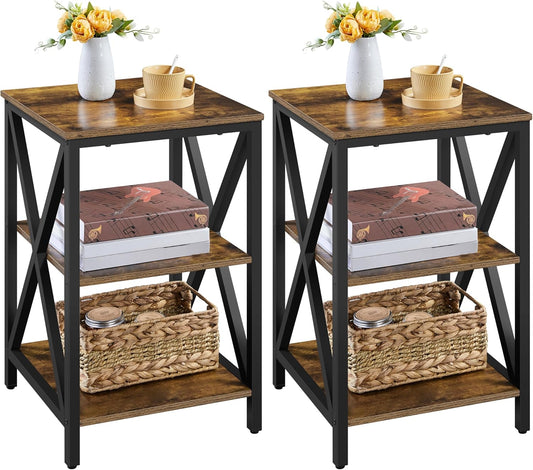 Yaheetech Industrial End Tables Set of 2, 3-Tier Side Tables with Storage Shelves for Living Room, X Design, Strong Metal Frame, Easy Assembly, 16x16x24.5 in, Rustic Brown