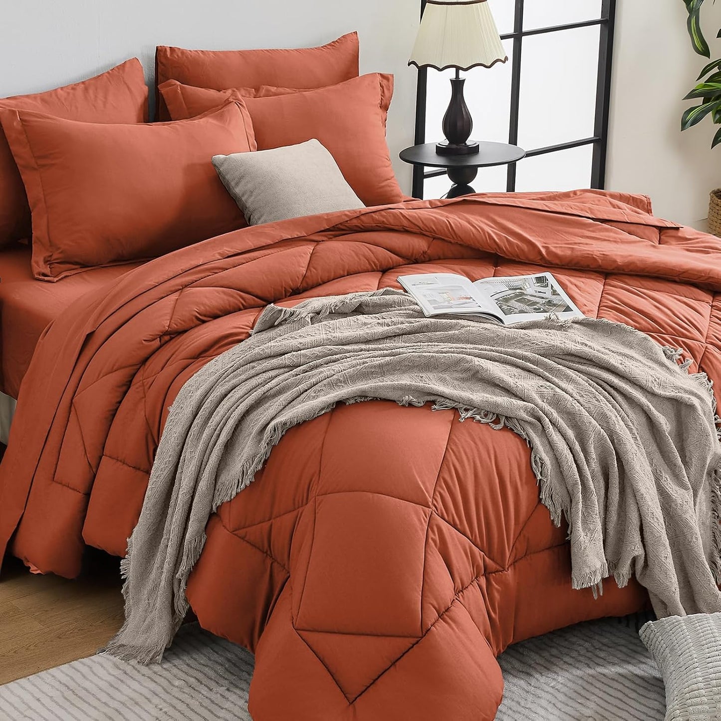 HEVUMYI Burnt Orange Cali-King Comforter Set - 7-Piece All Season Bed in a Bag Cali-King, Ultra Soft Bedding Set with Comforter, Flat Sheet, Fitted Sheet, Pillowcases, Pillow Shams
