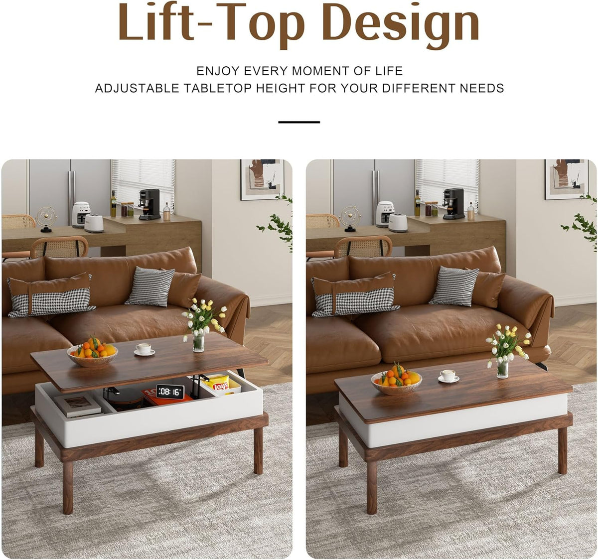 Shintenchi Coffee Table, Lift Top Coffee Table with Hidden Compartment, Rising Tabletop Dining Table, Lift Top Coffee Center Table for for Living Room, Office, Home (Walnut)