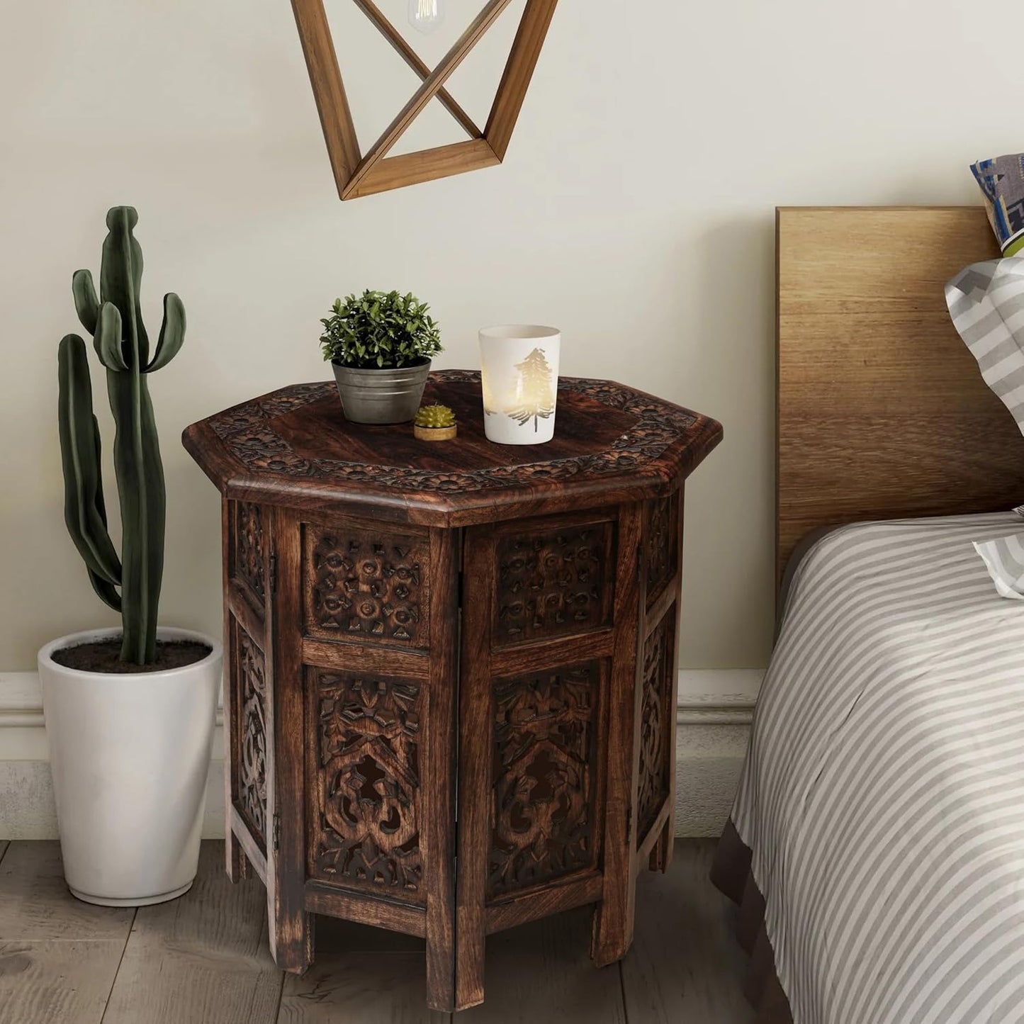 The Wooden Town End Tables for Living Room– Hand Carved Vintage Boho Folding Side Tables for Small Spaces, Entryway, Living Room, Bedroom – No Tools Assembly, 18"x18" Octagon, Scorch Burnt Finish