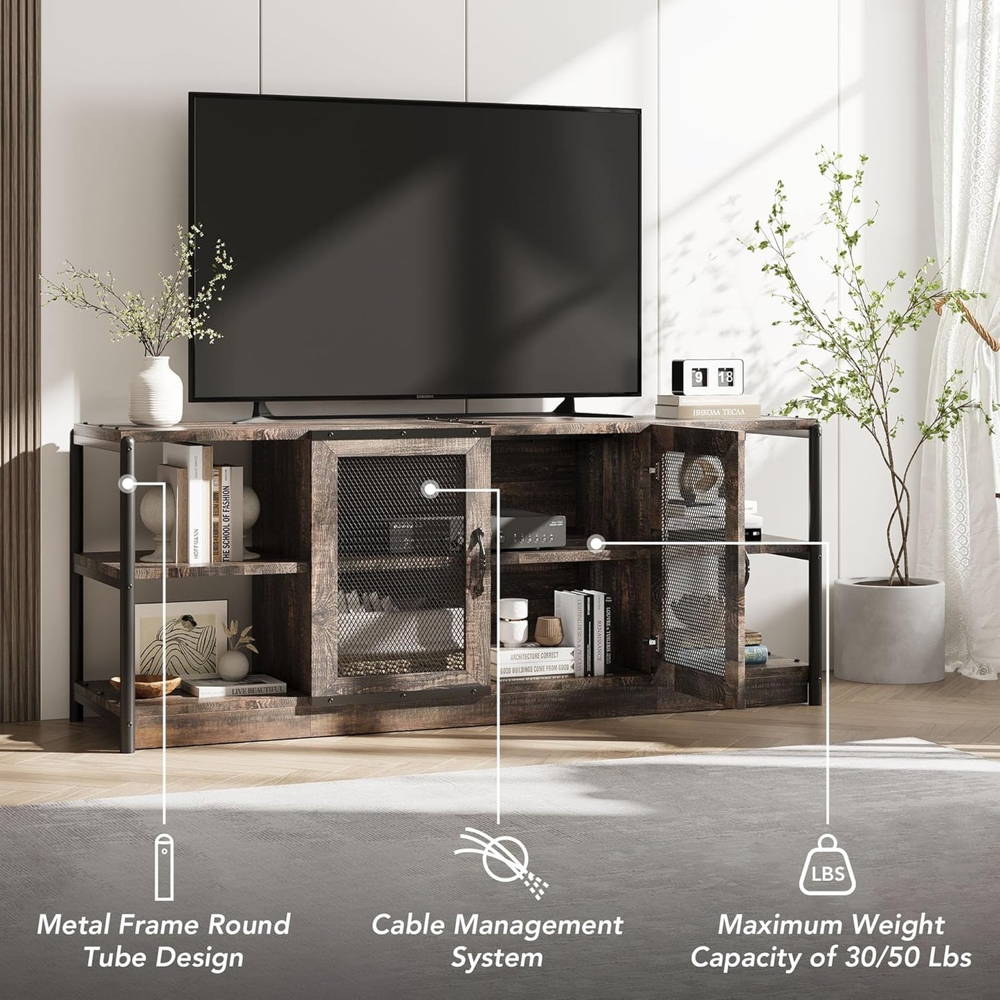 GarveeHome Farmhouse TV Stand for 65/75 inch TV, Entertainment Center with Storage Cabinet, Industrial TV Console Cabinet with Mesh Doors, 63" Rustic TV Media Console Table for Living Room, Oak