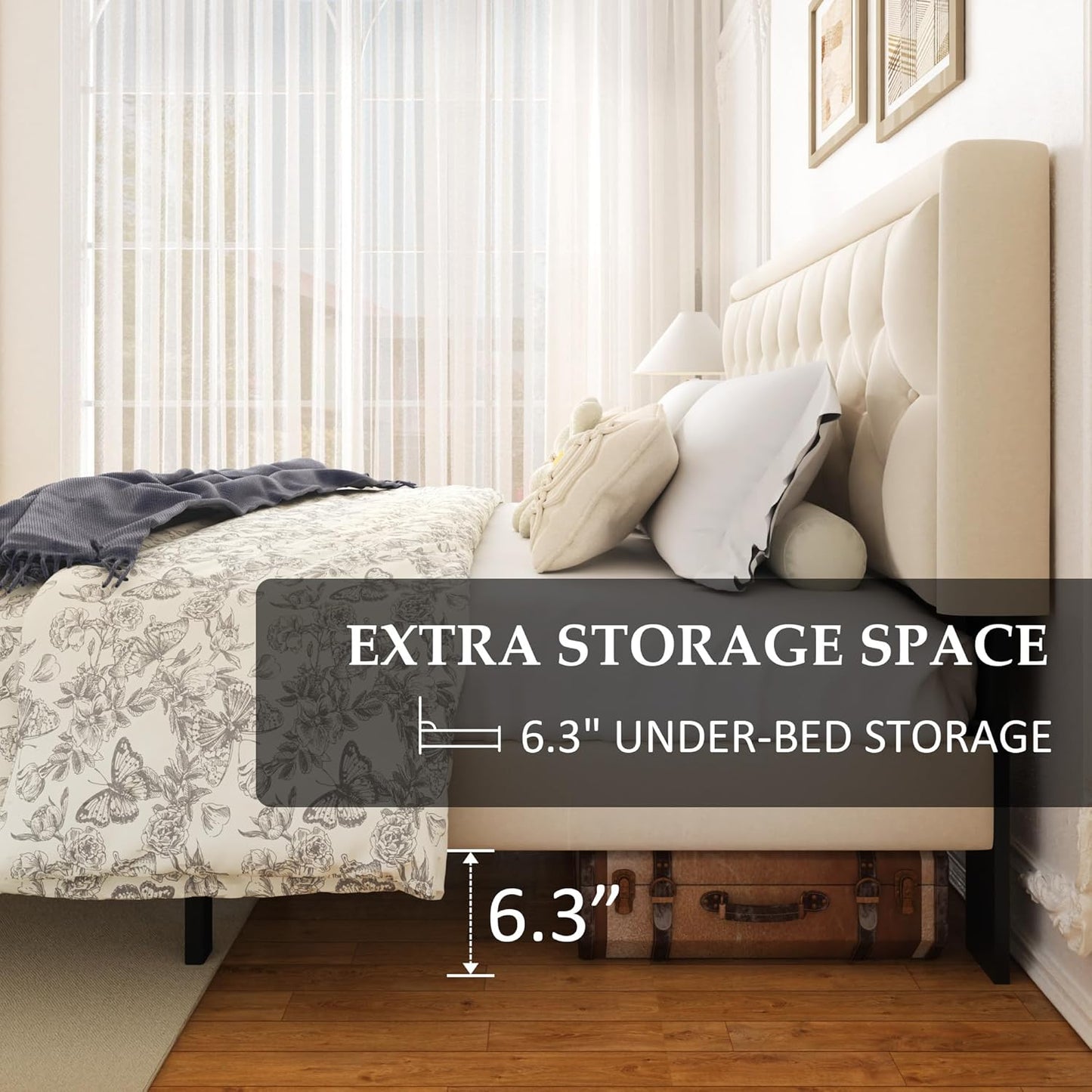 King Size Platform Bed Frame with Upholstered Velvet Button Tufted Headboard, Mattress Foundation with Wooden Slat Support, No Box Spring Needed, Easy Assembly, Noise Free, Beige