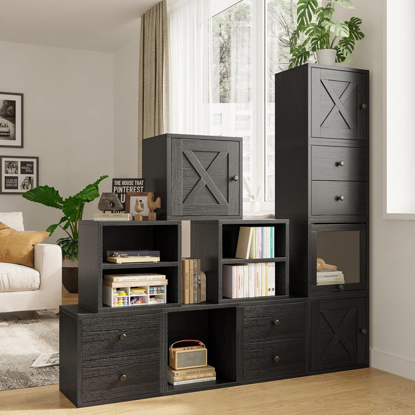 FUSUNBAO Magic DIY Cube Storage Organizer Stackable Cubes for Home Books Clothes Toy-Modular Cubby Storage System-Office Cubical-Bookcase Closet(Black,Cat Door Cube)