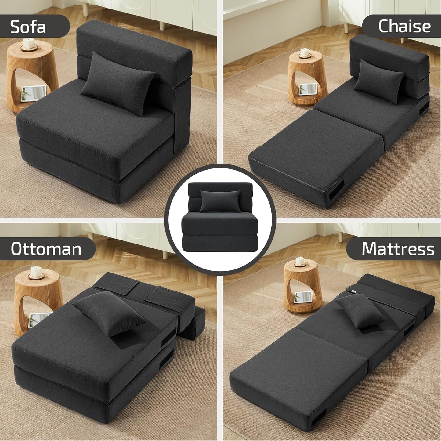 Folding Sofa Bed with Pillow- Convertible Chair Floor Couch & Sleeping Mattress, Foldable Memory Foam Sleeper for Living Room/Dorm/Guest Room/Home Office/Apartment/Loft, Single26, Dark Gray