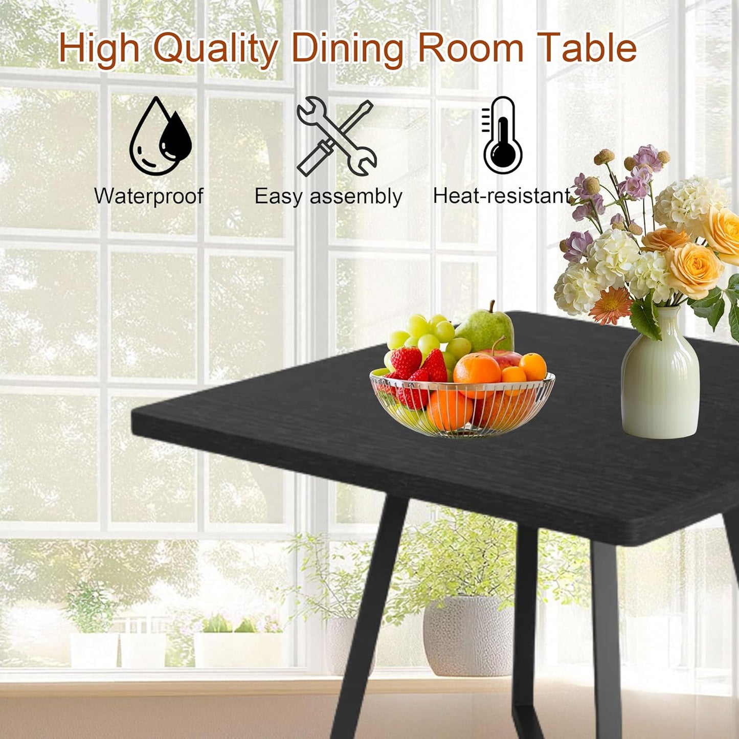 Square Dining Table for 4, 31.5-Inch Farmhouse Dinner Table Wooden Kitchen Tables with Metal Base for Dining Room, Kitchen, Living Room, Black