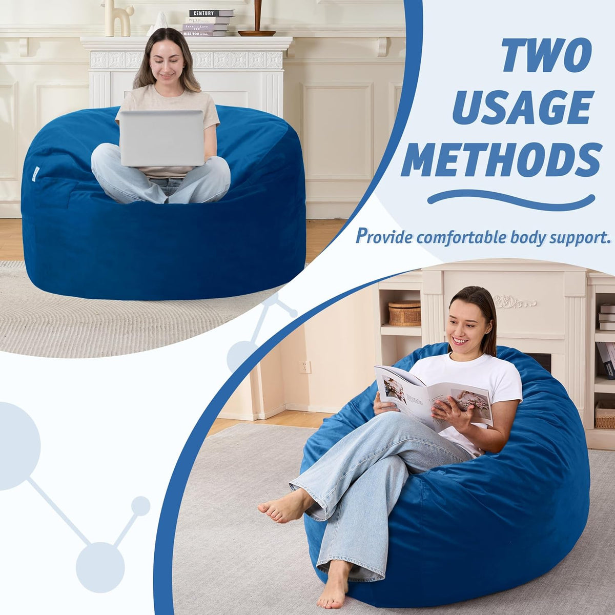 3FT Bean Bag Chair with Ultra Soft Velvet Cover Bean Bag Sofa with Memory Foam Bean Bag Chairs with Large Size Lazy Sofa for Dorm Office Living Room Bedroom Blue 3'