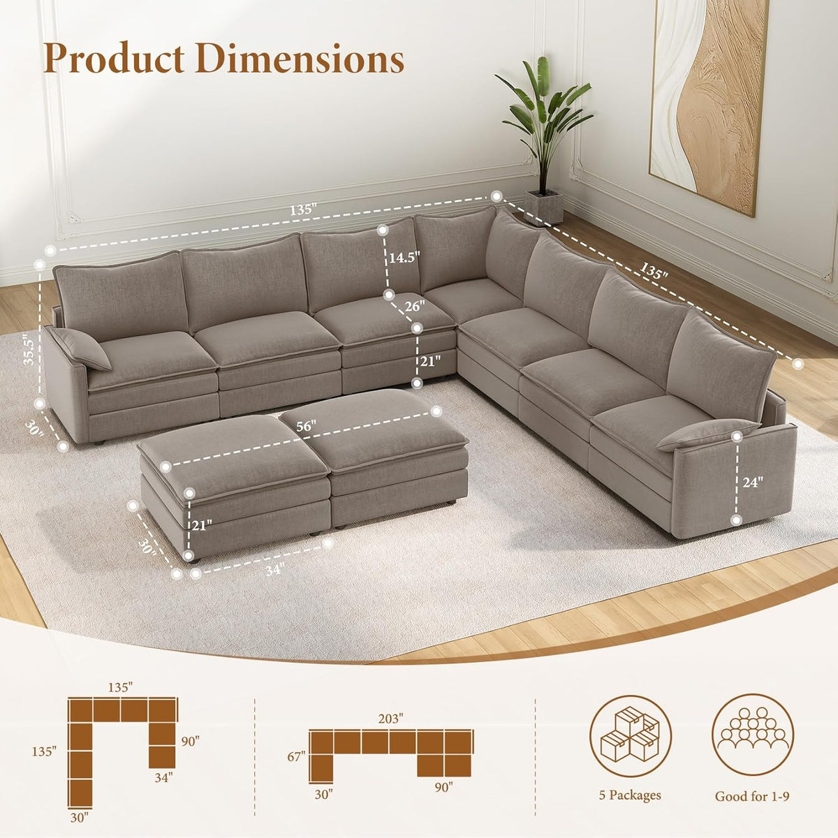 Vesgantti Large Modular Sectional Sofa, Big Comfy Cloud Couch with Ottoman Deep Seat Chenille Cloud Sofa, 9 Seater Large Sectional Couches for Living Room, Bedroom and Apartment, Light Brown