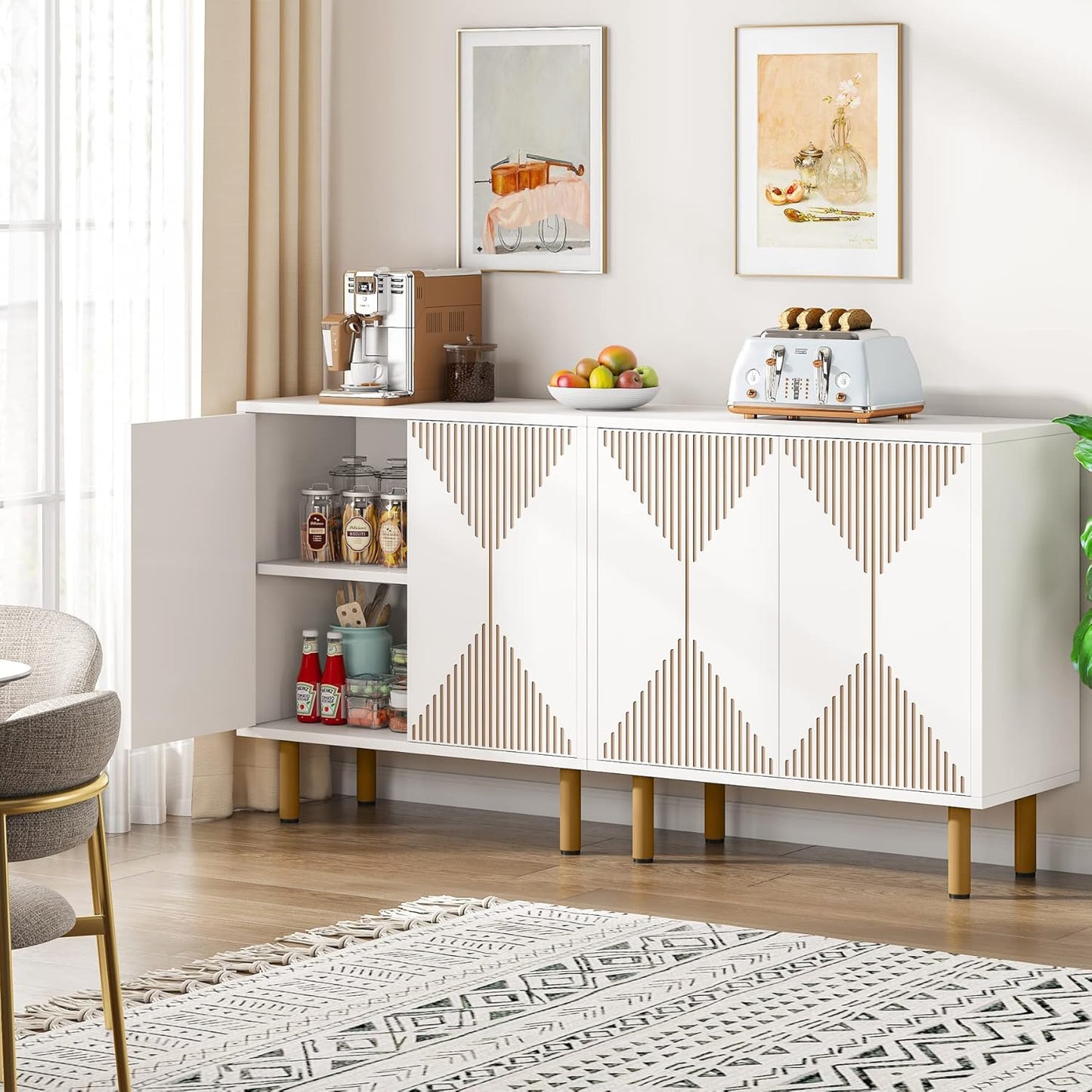 LITTLE TREE White Sideboard Buffet Cabinet, Modern Sideboard Cabinet with 4 Doors, Cupboard Console Table
