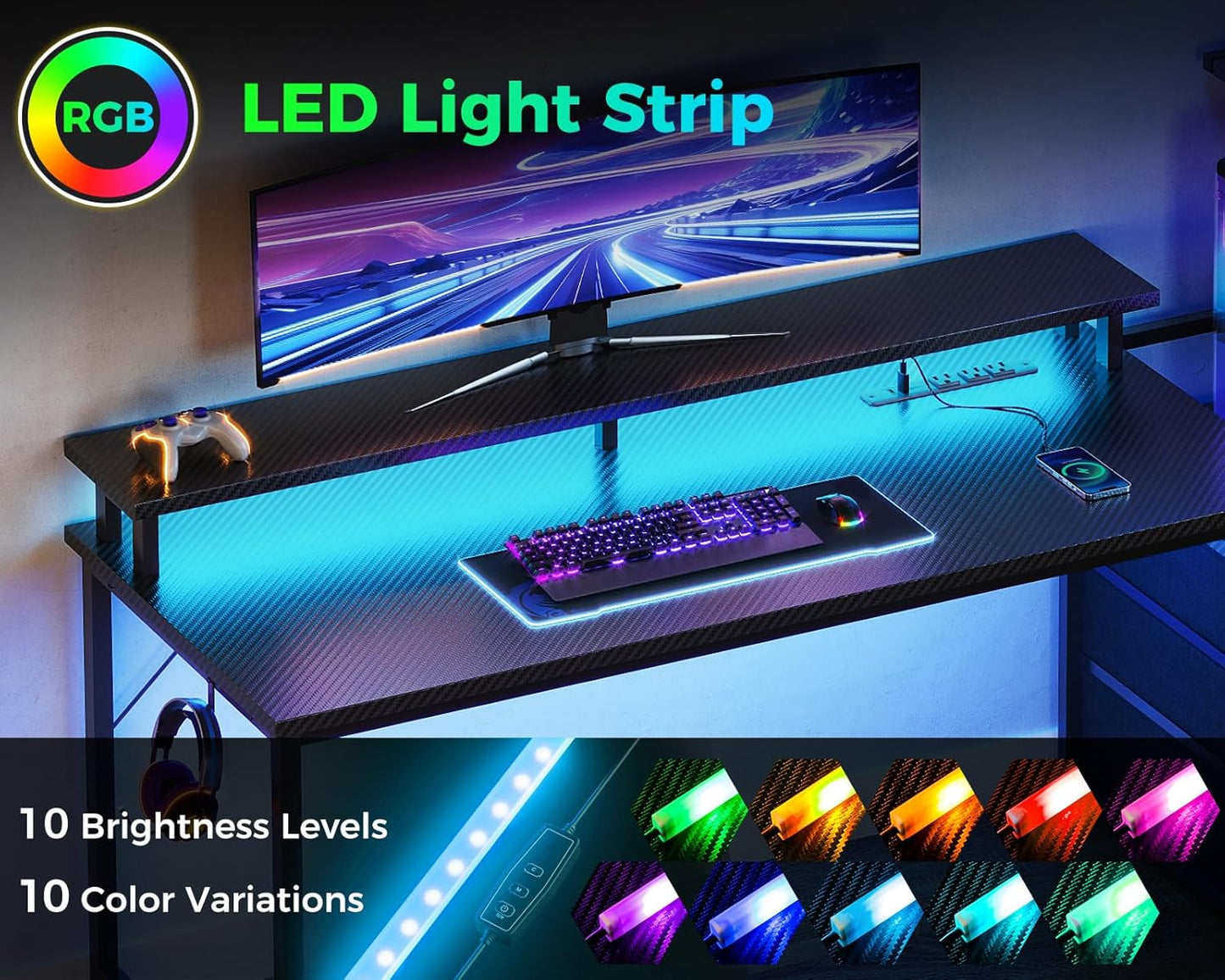 AODK 52 Inch Gaming Desk with USB Charging Ports & LED Light- Reversible Computer Desk with Storage Shelves & Monitor Stand, Modern Gamer Desk Table with Fabric Drawers & Side Hook, Carbon Fiber Black