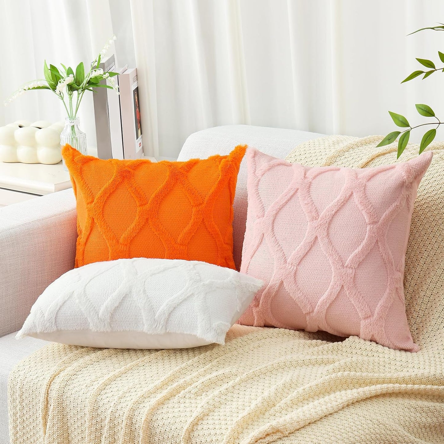 decorUhome Fall Throw Pillow Covers 18x18 Inch Set of 2, Soft Plush Faux Fur Wool Orange Couch Pillow Covers, Decorative Neutral Pillow Cases for Bed Sofa Living Room Home Decor