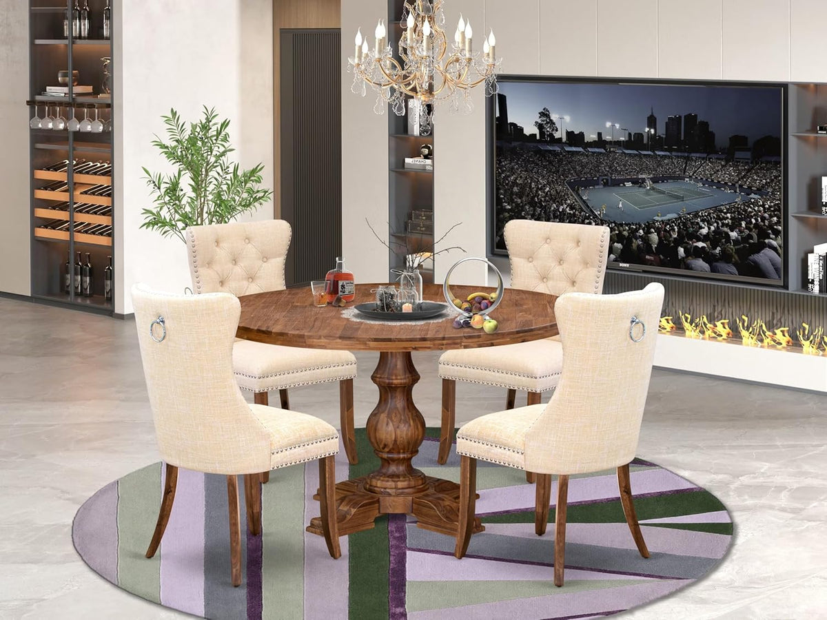 I5DA5-50N-32 5-Piece Modern Dining Table Set with Polyester Fabric 4 Light Beige kitchen chairs, Button-Tufted Backs, and a 54"Round Table in Antique Walnut Finish.