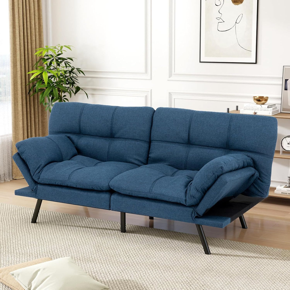 Vipbear Futon Sofa Bed Couch, 71" Convertible Sofa Bed, Space-Saving Loveseat with Adjustable Backrest & Armrest for Living Room,Apartment,Office,Blue Sleeper Sofa