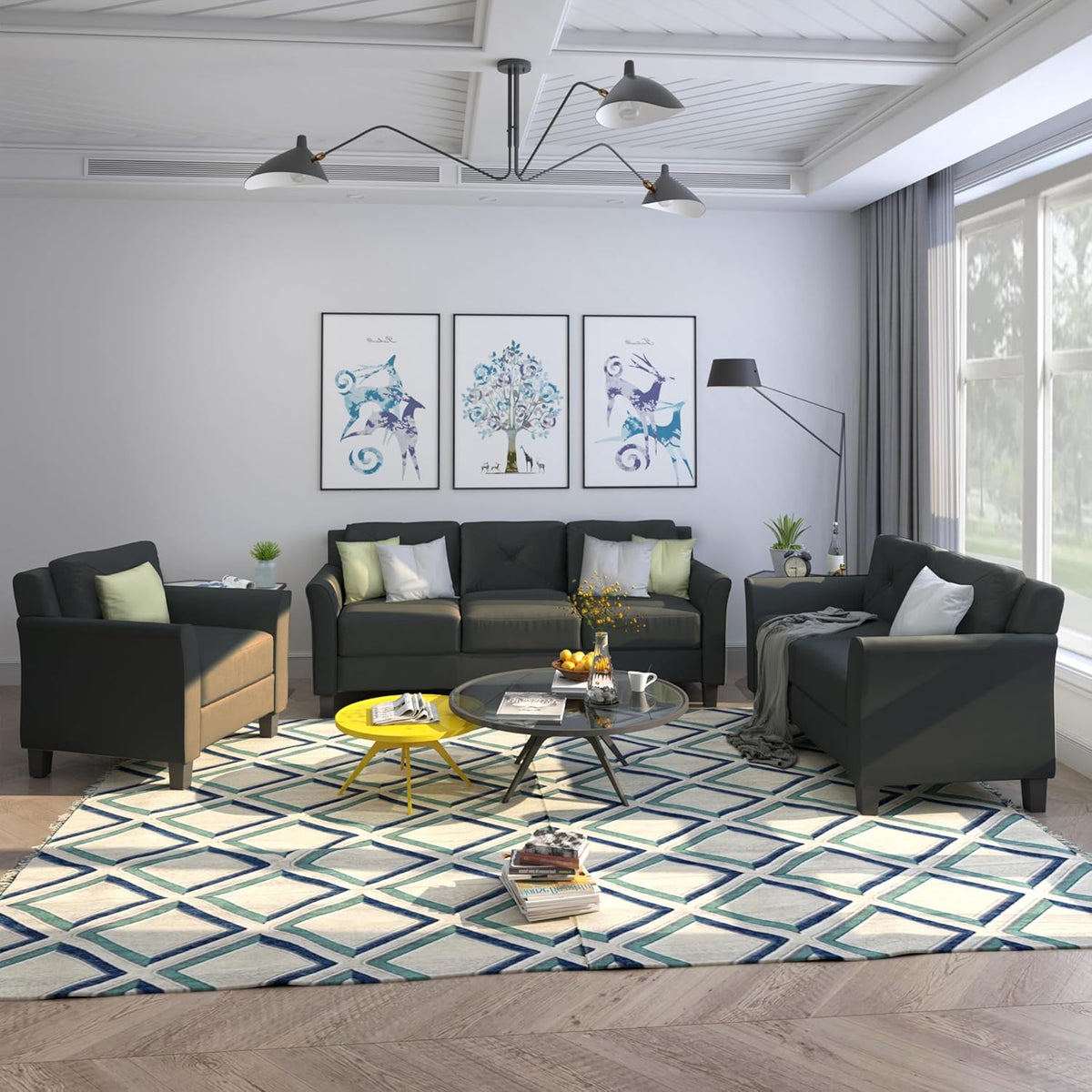 3 Pieses Modern Living Room Sofa Sets Polyester Blend Button Tufted Sofa&Couch Include 3Seaters Couch, Loveseat and Armchair with Ergonomically Curved Armrests for Home Apartment Office