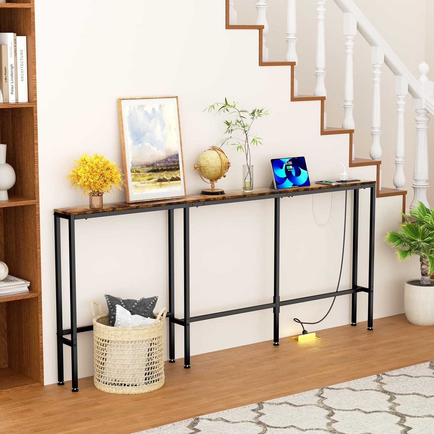 GRLEAF L Shaped Narrow Console Table with Outlet, 78" Sofa Tables Narrow Long, Behind Couch Table, Skinny Entryway Tables with Charging Station,for Living Room,Hallway (Rustic Brown,78IN)