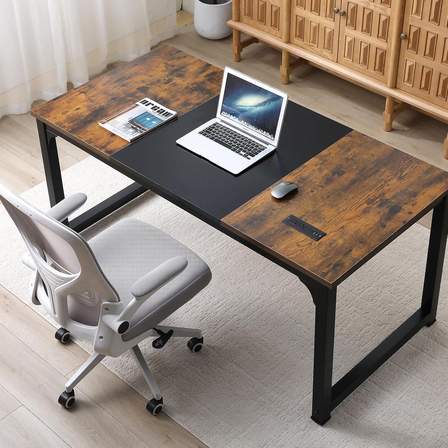 Large Computer Desk - 63 Inch Home Office Desks Study Student Writing Table Gaming Desk Wood Modern Simple Table with USB Ports, Vintage + Black
