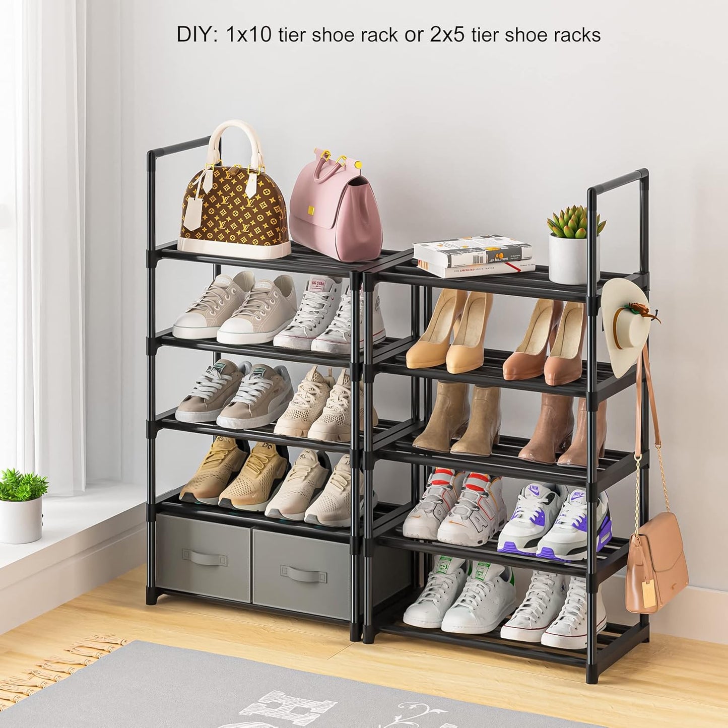 Tall Shoe Rack Narrow 10 Tier Shoes Rack 20 25 Pairs, Shoe Storage Organizer for Closet, Sturdy Metal Shoe Shelf Shoe Stand with 2 Boxes 1 Hook
