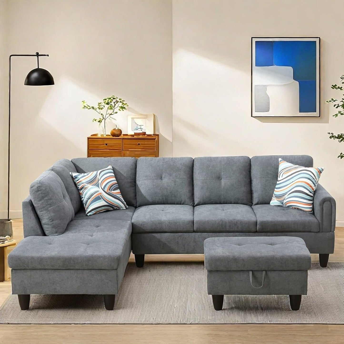 NAYSAYE Sectional Couch with Ottoman Storage, L Shaped Couch Sofa Furniture Sets, Modern Comfy Modular Comfy Sofa for Living Room Bedroom, Office and Apartment, Grey