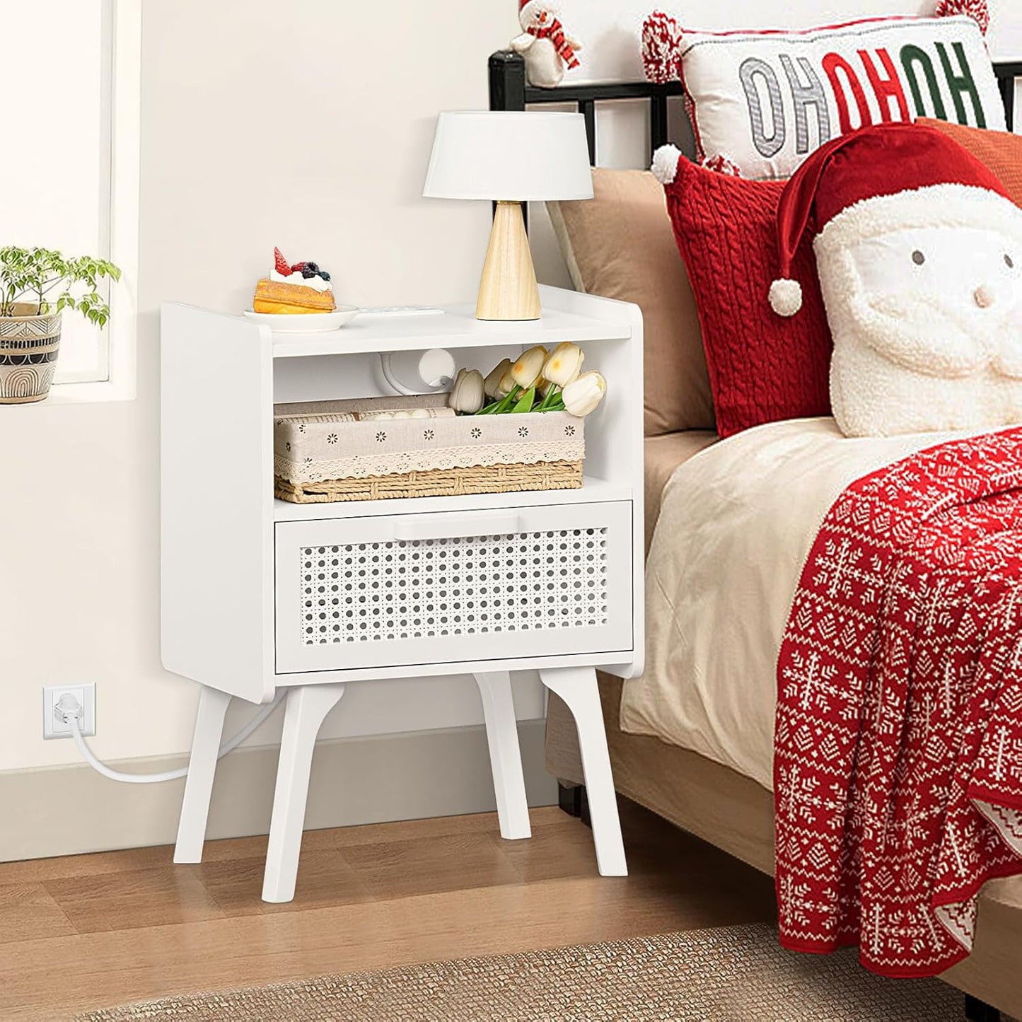 Lerliuo Rattan Nightstand with Charging Station, Side Table with Drawer Open Shelf, Cane Accent Bedside End Table with Solid Wood Legs, Night Stand for Bedroom, Dorm and Small Spaces (White)
