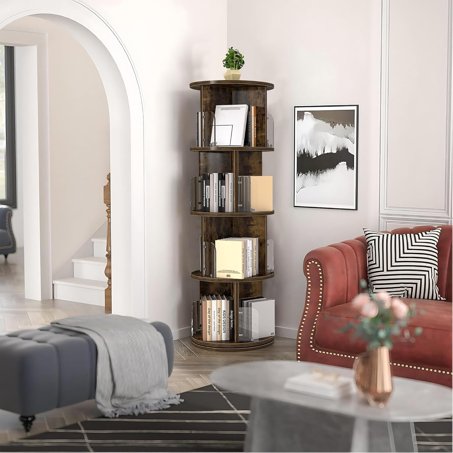 VECELO Rotating Bookshelf Tower, 360°Revolving Bookcase, Round Book Shelf Rotating, Stackable Storage Display Rack Floor Standing, Corner Bookshelf for Home Office, Brown