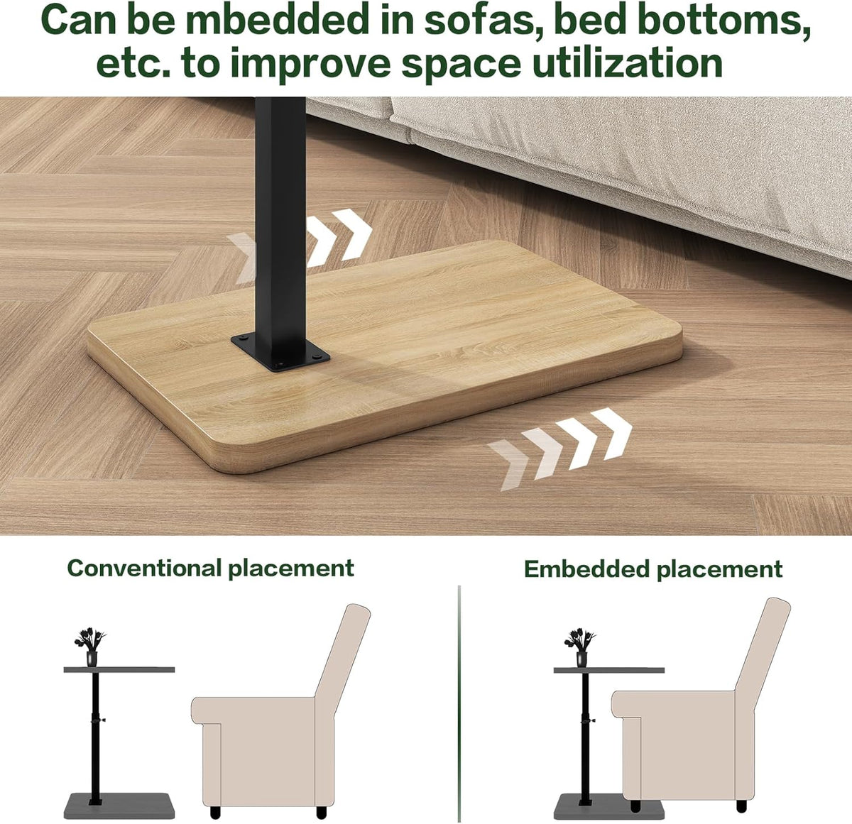 IBUYKE Tray Table for Couch, 360° Swivel Height Adjustable End Table for Small Spaces, with Phone & Tablet Slot, Modern Small Coffee Snack Table for Sofa/Bed, Natural UTVT003R
