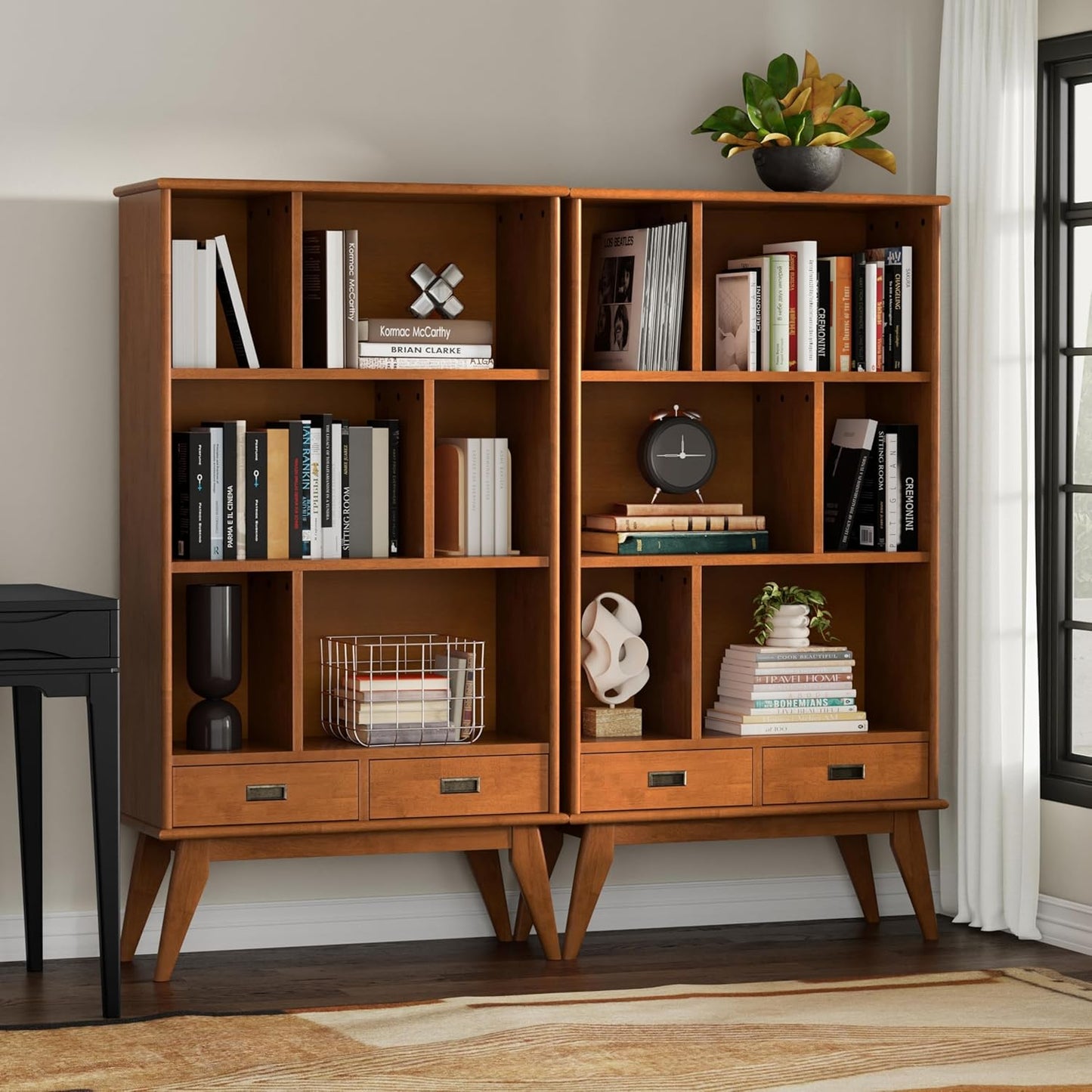 SIMPLIHOME Draper 35 inch Mid-Century Modern 6 Cubbie Bookcase with Drawer (Set of 2) in Teak Brown for The Living Room, Study Room and Office