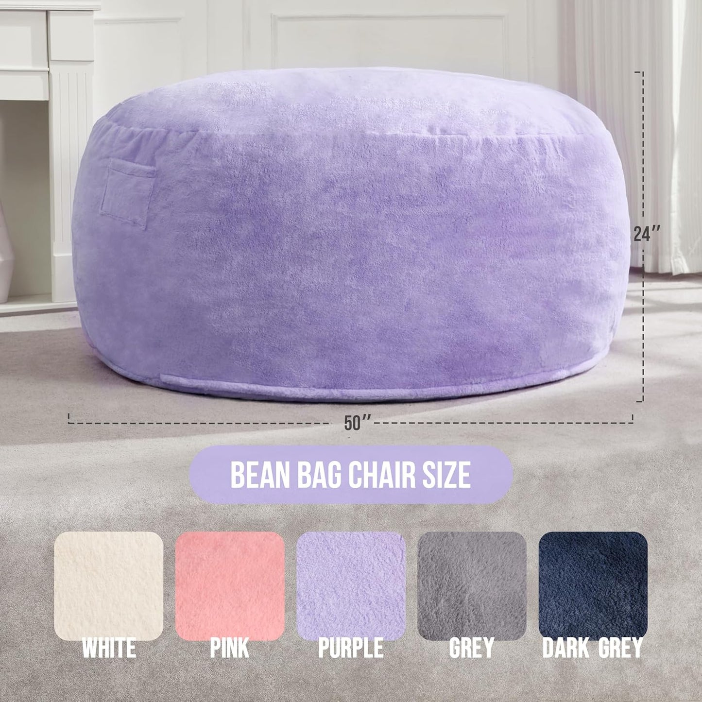 Hobestluk 5ft Bean Bag Chairs for Adults Large Beanbag Chair with Plush Faux Fur Cover Big Bean Bag Chair for Living Room Bedroom Dorm Office - Purple (50” x 50” x 24”)