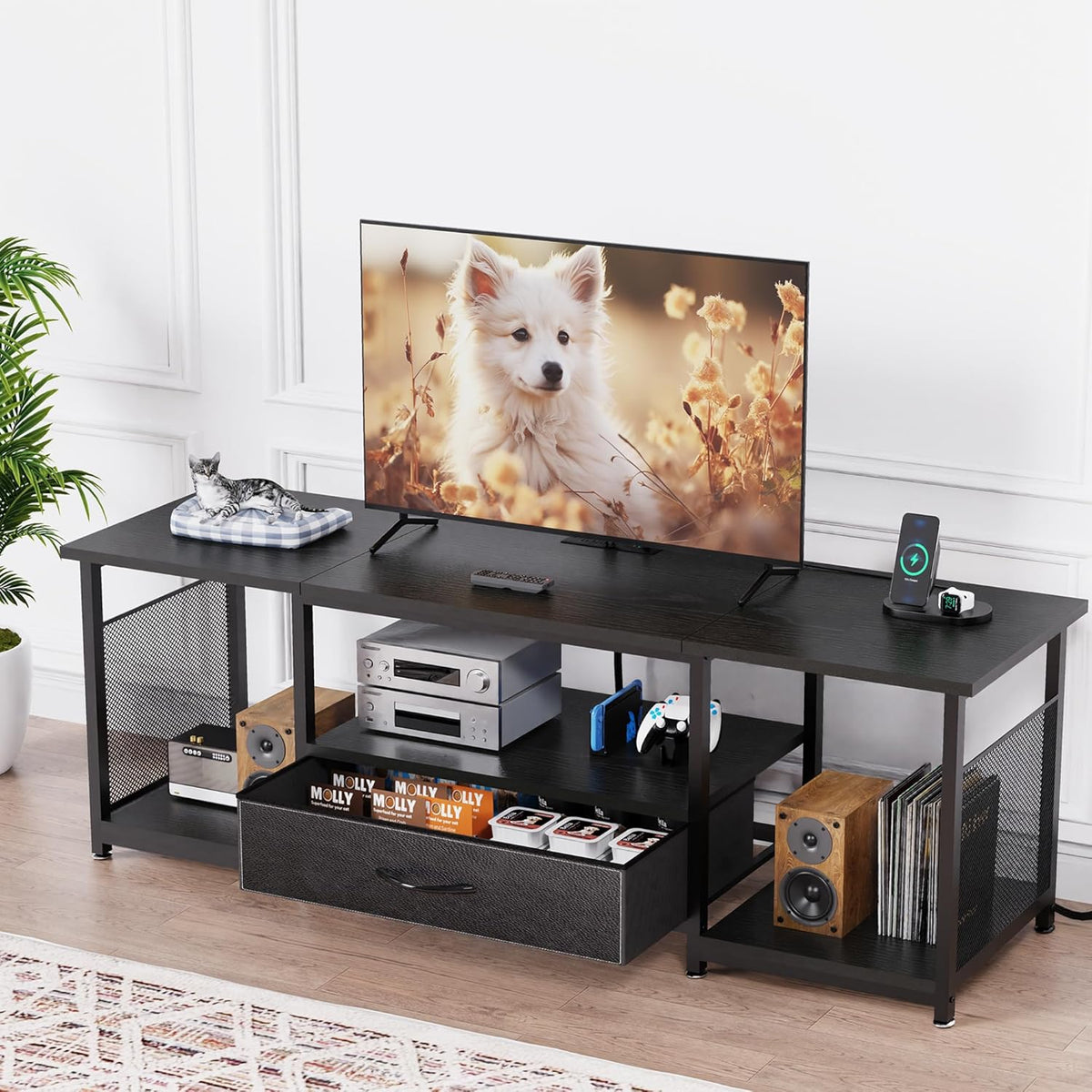 TV Stand with Drawers and Power Outlet for 65 60 55 Inch TV, Entertainment Center with Open Storage Shelves, Industrial Media TV Console Table for Living Room Bedroom Office, Black