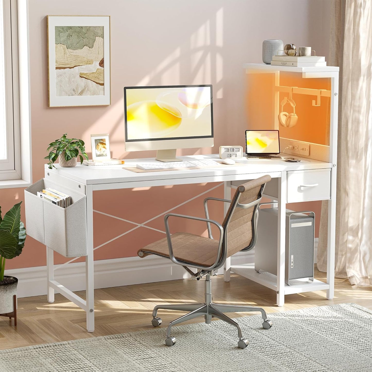 TIQLAB Gaming Desk 55 inch with Power Outlet and LED Light, Computer Desk with Reversible Shelves and Storage Drawer, Small PC Desk for Home Office Table with Bag, Carbon Fiber White