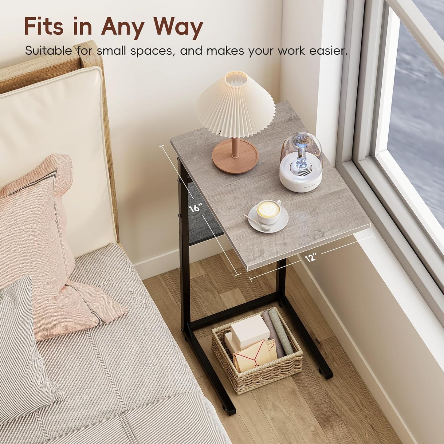 Vagusicc C Shaped End Table, Small Side Table for Couch, Couch Side Table C Table for Small Space, TV Tray Slide Under Sofa Snack Table with Metal Frame for Living Room, Bedroom, Bedside, Grey