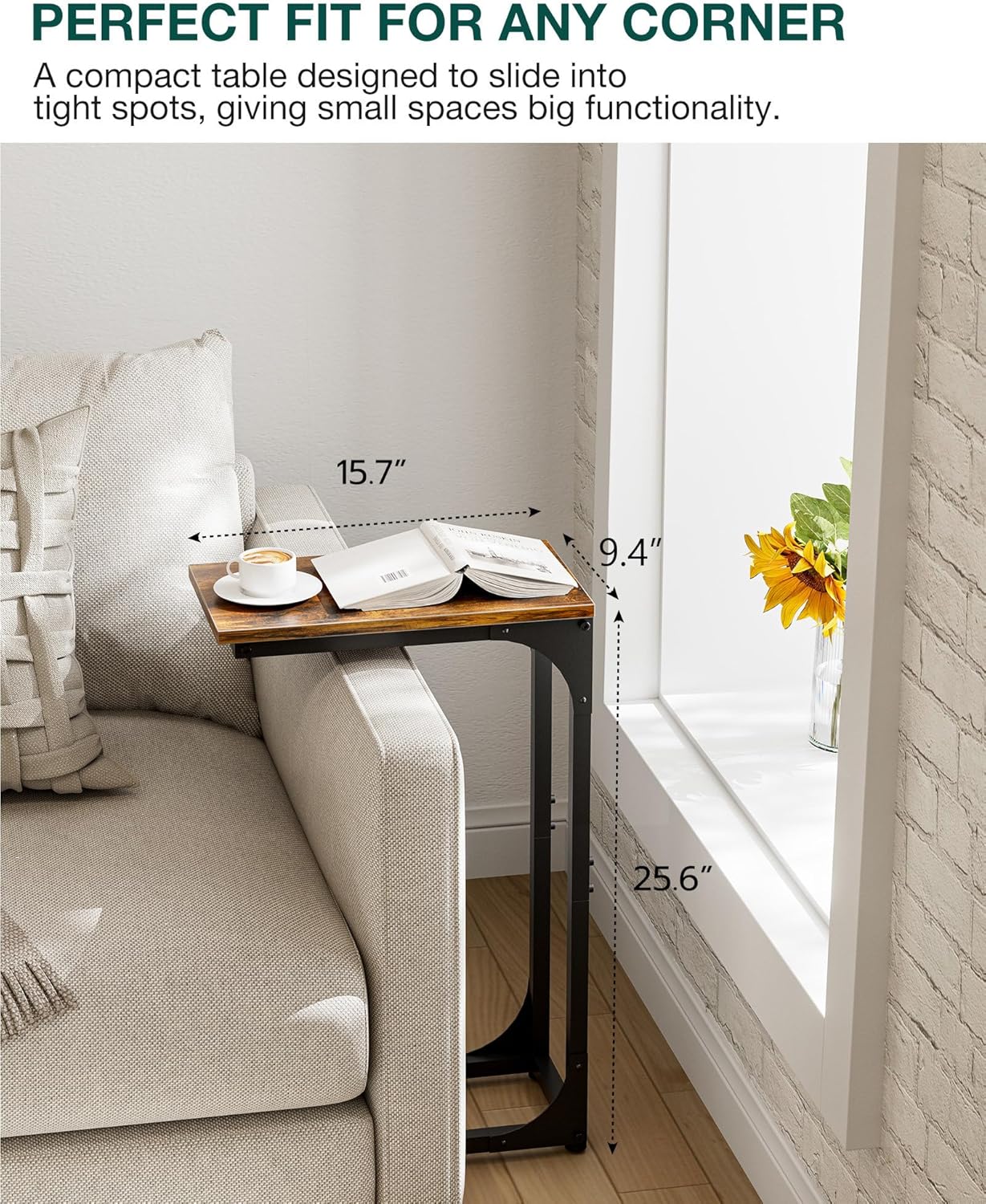 C-Shaped Side Table for Couch - Small Coffee Stand Sofa Tray Desk with Sturdy Metal Frame and Waterproof Scratch Resistant Wood Surface, Rustic Brown