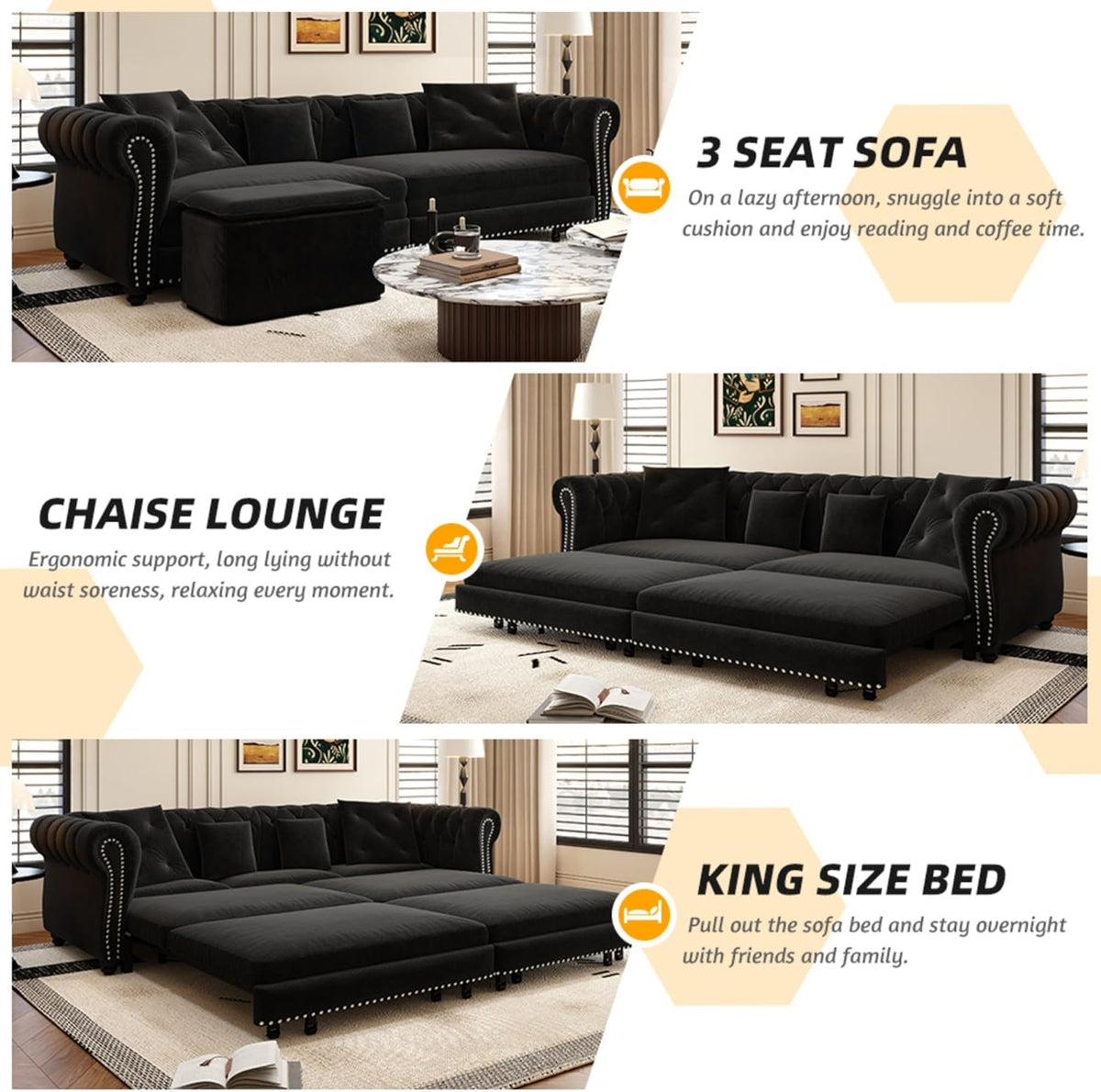 KEIKI 3-in-1 Velvet Chesterfield Sofa Bed with Ottoman, Convertible King Size Sleeper Couch, Rolled Arm Design, Comfortable 3-Seater for Living Room or Bedroom, Black