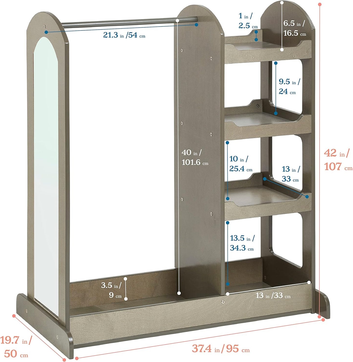 ECR4Kids Dress Up Center with Mirror, Costume Organizer, Grey Wash