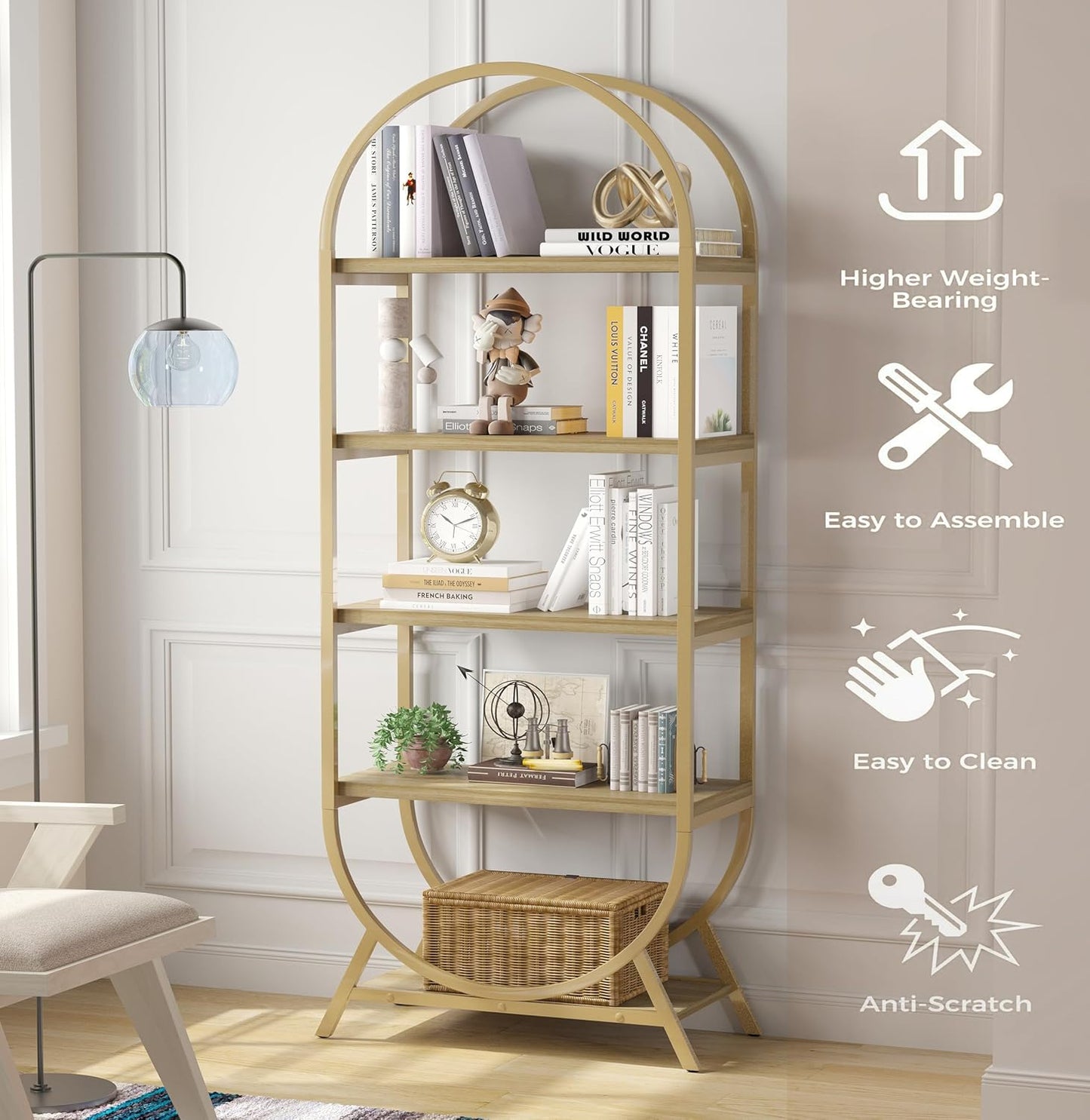 Bookshelf Arched Bookcase Set 2, 5 Tier Open Freestanding Display Shelf for Home Office, Living Room, Gold & Nature Wood