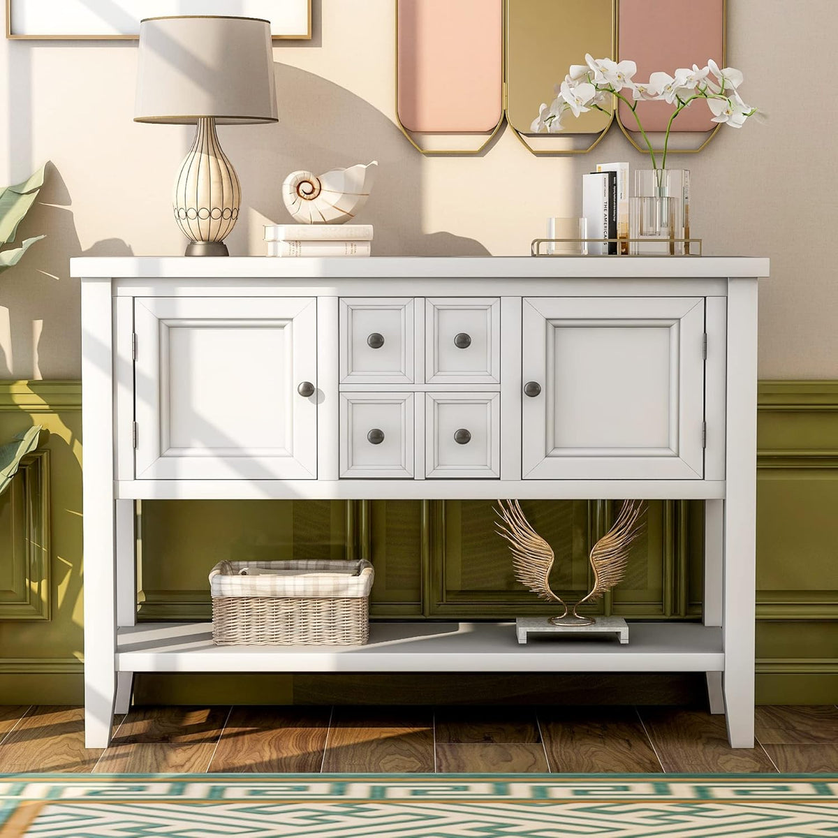 Merax Modern Wood Buffet Cabinet with Storage Shelf, 2 Drawers and 2 Cabinets Buffet Coffee Bar Table for Living Room Dinning Room Kitchen (White)