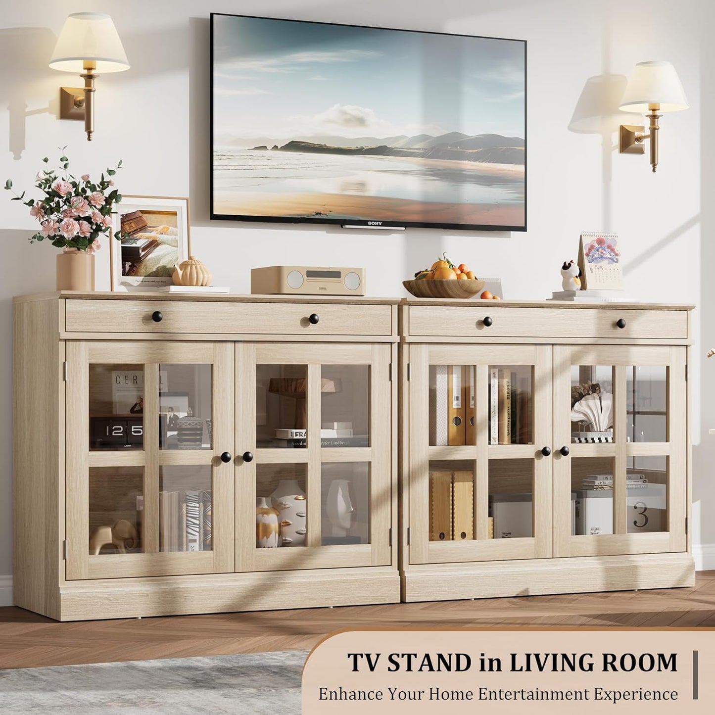 GarveeHome 35.4" Sideboard Buffet Cabinets with Glass Door, Buffet Cabinet with Storage, Oak Sideboard Cabinet with Drawer, Modern Buffets & Sideboards for Dining Room, Kitchen