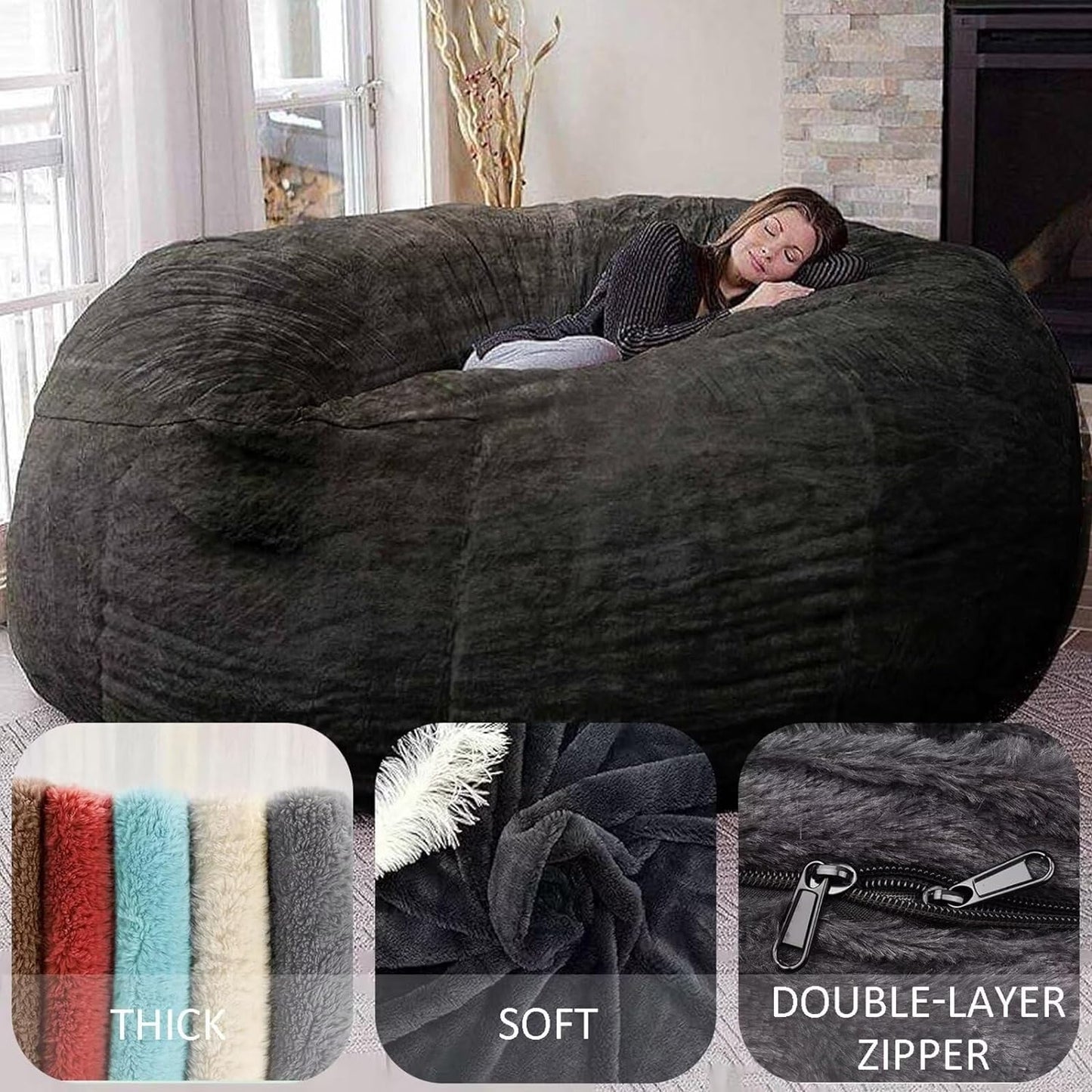 BCU Oversized Bean Bag Cover Comfy Beanbag Chair for Adults Without Filler Faux Fur Floor Chair Lazy Sofa Cover Comfy for Living Room Chairs, White, 5FT