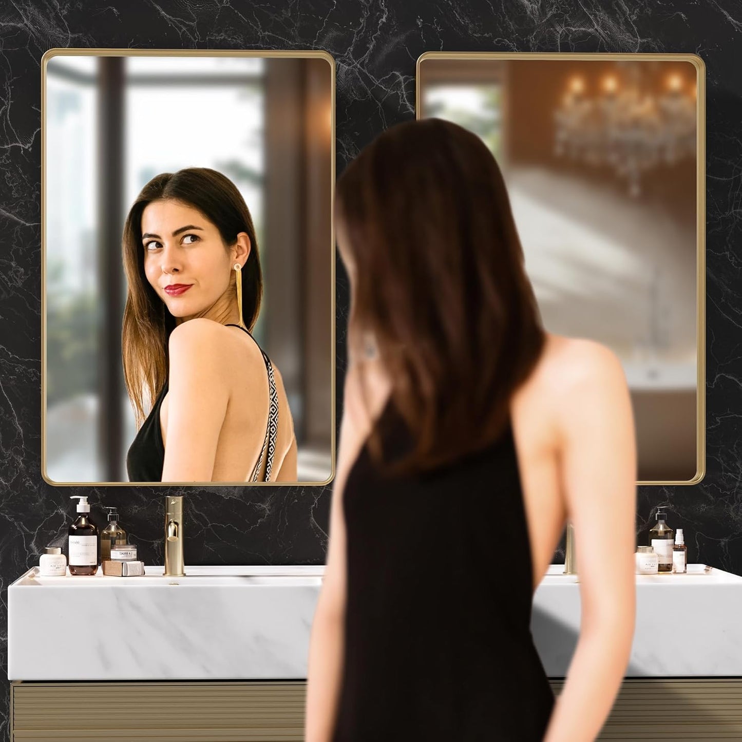 Hasipu 2 PCS Bathroom Mirror for Wall, 36 x 28 Inch Gold Metal Framed Bathroom Mirrors for Over Sink, Rectangle Bathroom Vanity Mirror, Anti-Rust, Tempered Glass, Horizontal or Vertical