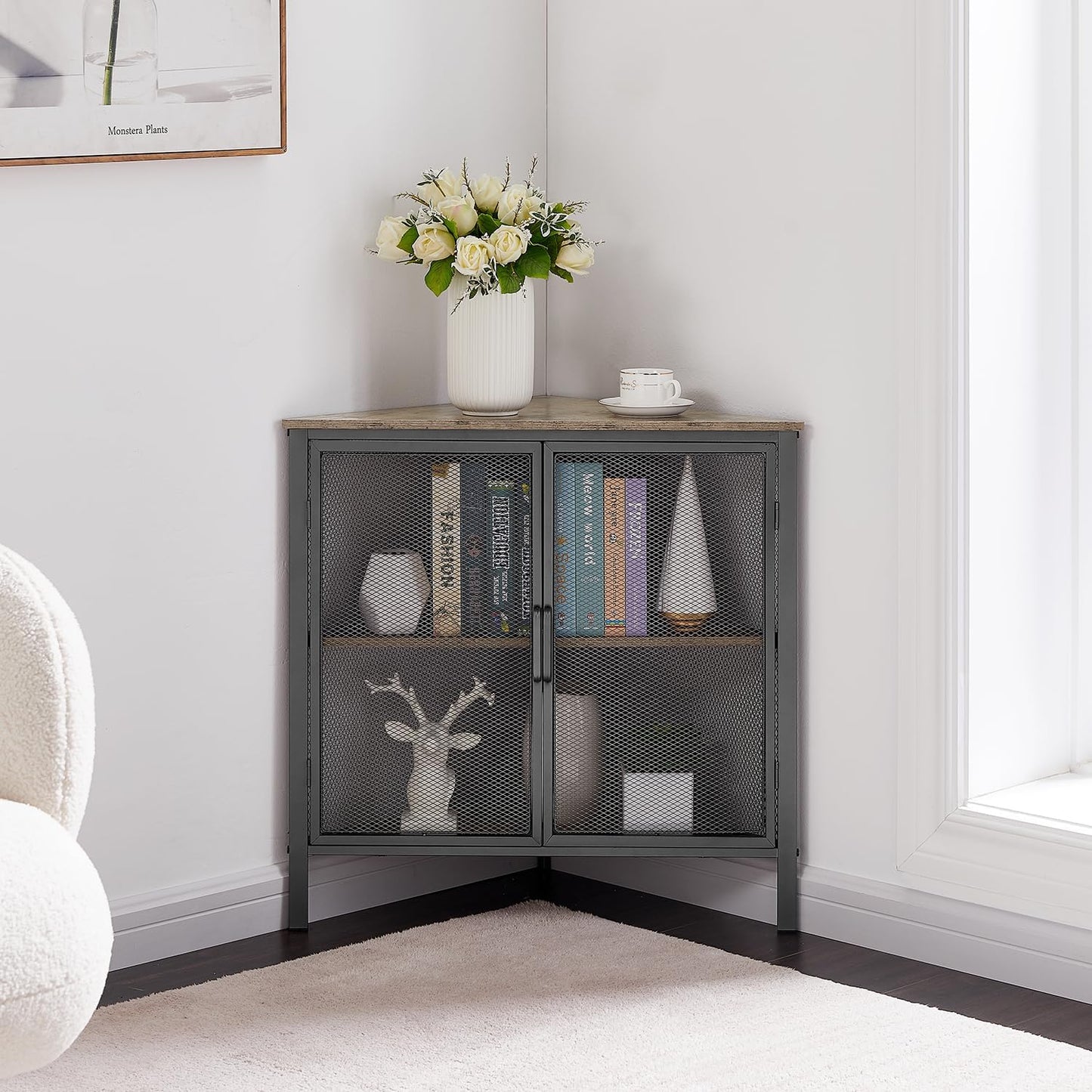 VECELO Corner Cabinet/Table, 3-Tier Shelves with Protection Door, Metal Frame Storage Shelf Organizer for Small Space, Living Room, Kitchen, Bathroom, Set of 1, Grey