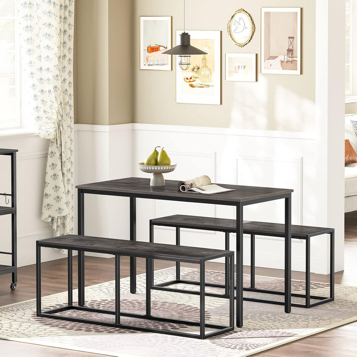 HOOBRO Dining Bench, 47.2 Inch Industrial Style Kitchen Table Bench, Steel Frame, Easy to Assemble, for Kitchen, Dining Room, Charcoal Gray and Black BC12CD01