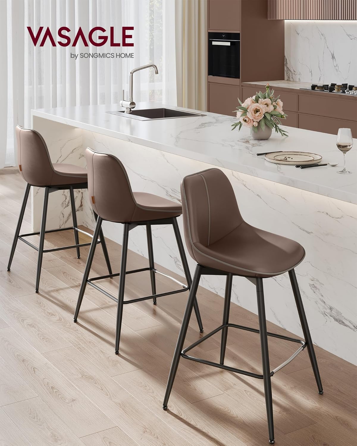 VASAGLE Bar Stools Set of 2, Counter Height Bar Stools with Back, Ergonomic Backrest, Synthetic Leather, Metal Legs, 24.4-Inch Tall Barstools for Kitchen Island Home Bar, Easy Assembly, Chestnut Brown