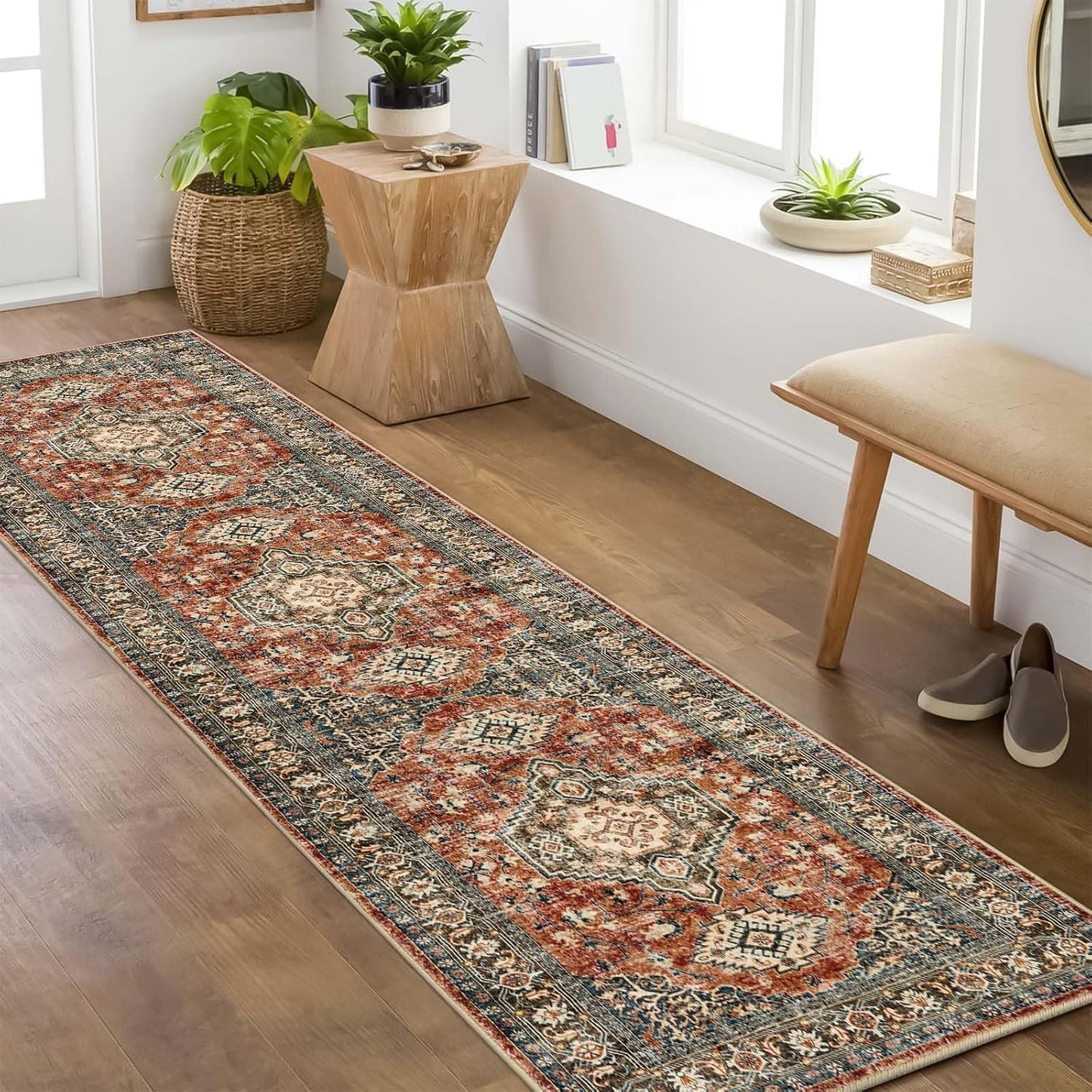 Lahome Oriental Hallway Runner Rug Non Slip, 2x8 Washable Runners for Hallways Kitchen, Vintage Non Skid Soft Long Carpet for Bedroom Bathroom Entryway, Brick Red