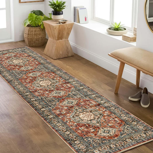 Lahome Oriental Hallway Runner Rug Non Slip, 2x8 Washable Runners for Hallways Kitchen, Vintage Non Skid Soft Long Carpet for Bedroom Bathroom Entryway, Brick Red