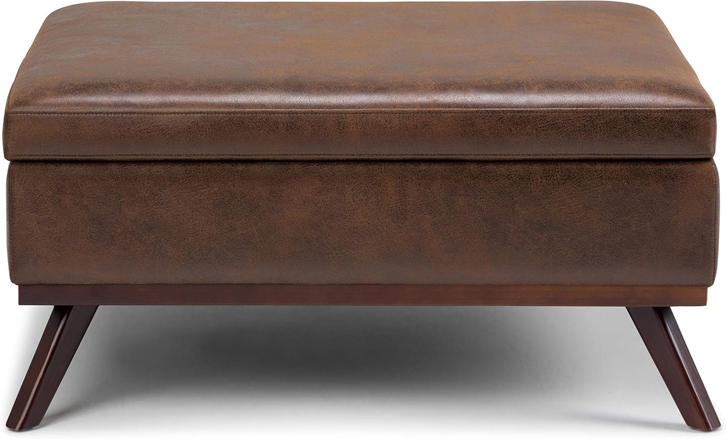 SIMPLIHOME Owen 36 inch Wide Mid Century Modern Square Coffee Table Storage Ottoman in Distressed Chestnut Brown Vegan Faux Leather, Assembled, for the Living Room, Entryway and Family Room