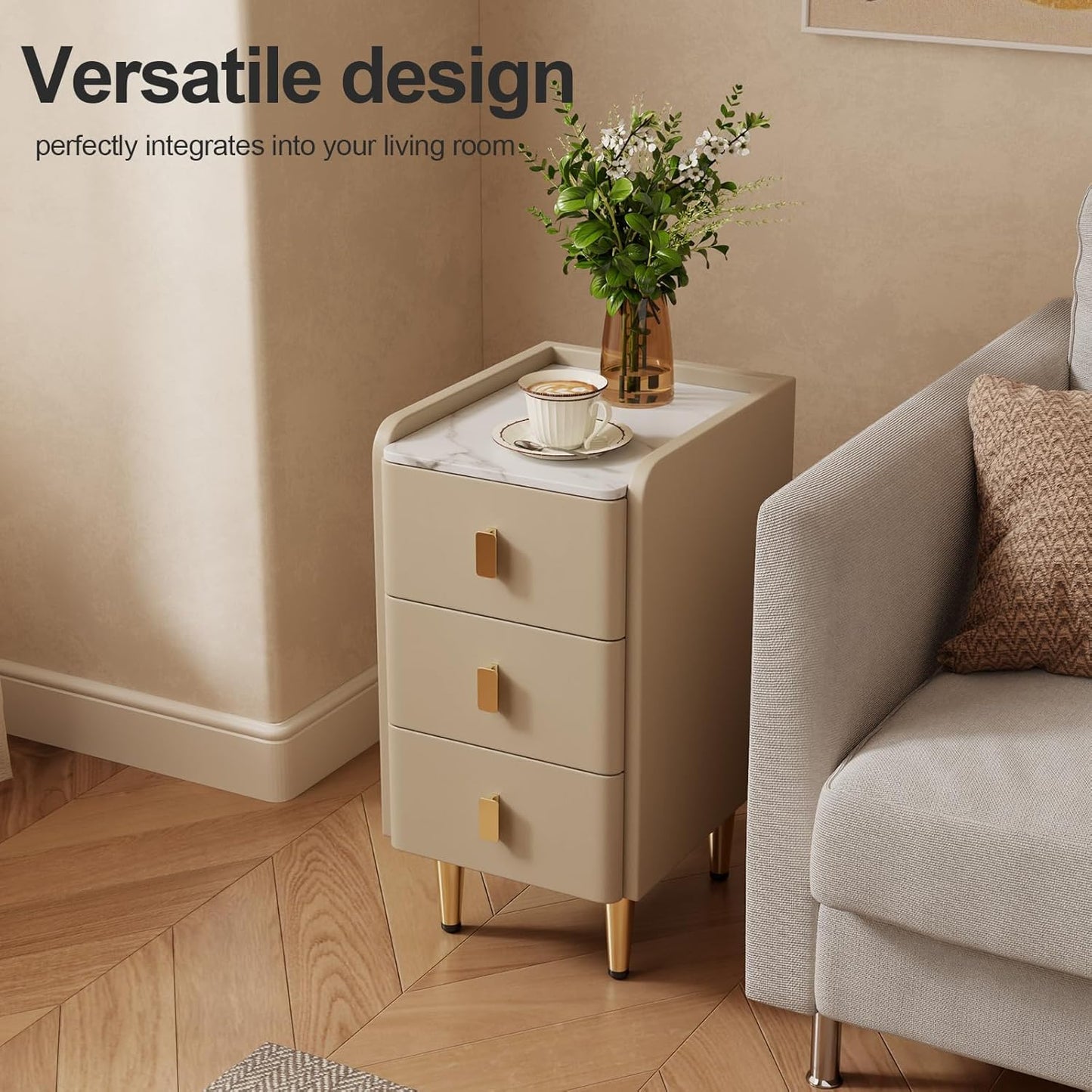 Narrow Nightstand with Drawers, Narrow Side Table Leather, Small Bedside Tables for Bedroom. (Beige)