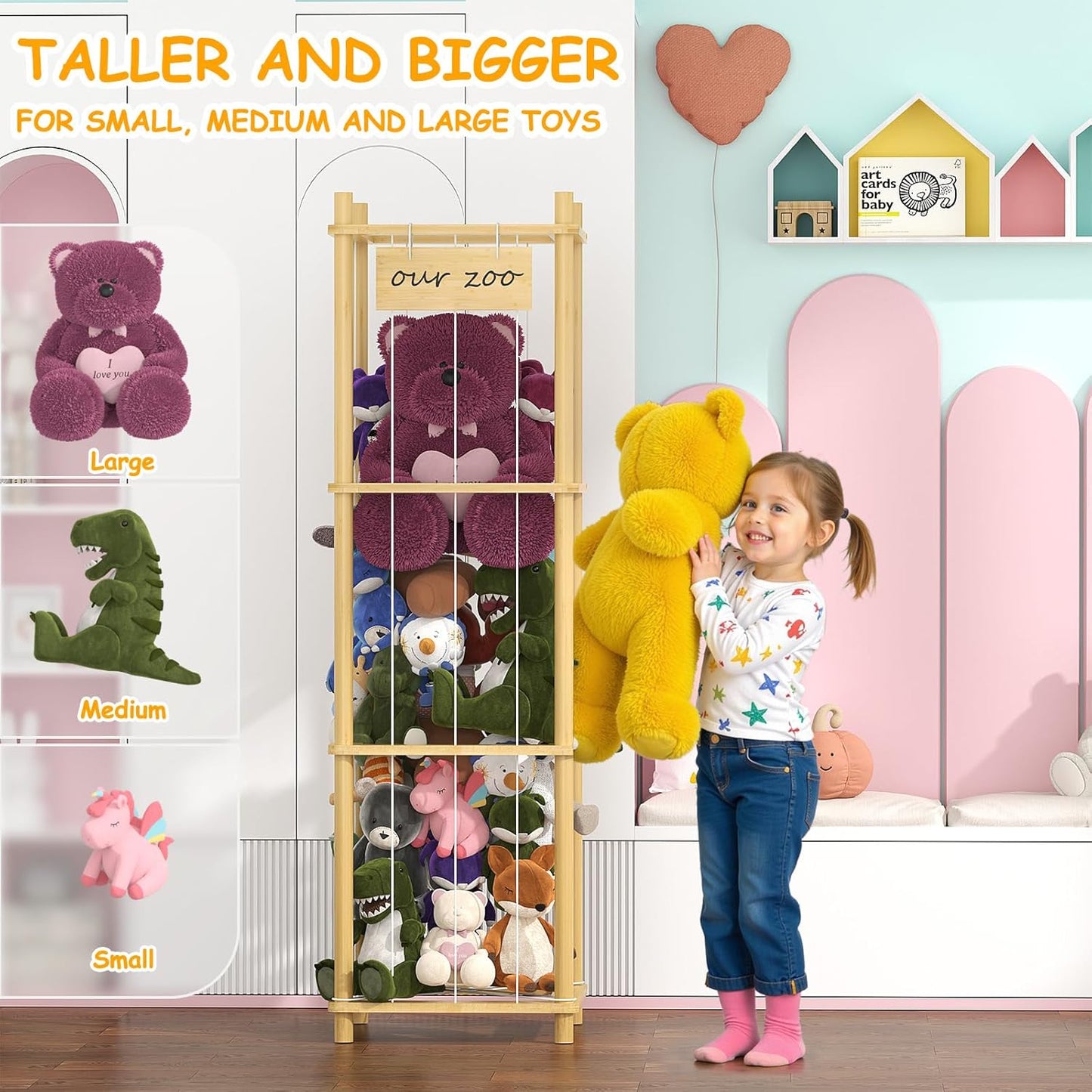 Bamboo Stuffed Animal Storage Zoo, Large Capacity Plush Toy Cage, Wood Stuffed Animals Holder for Toddler Room, Playroom, Bedroom