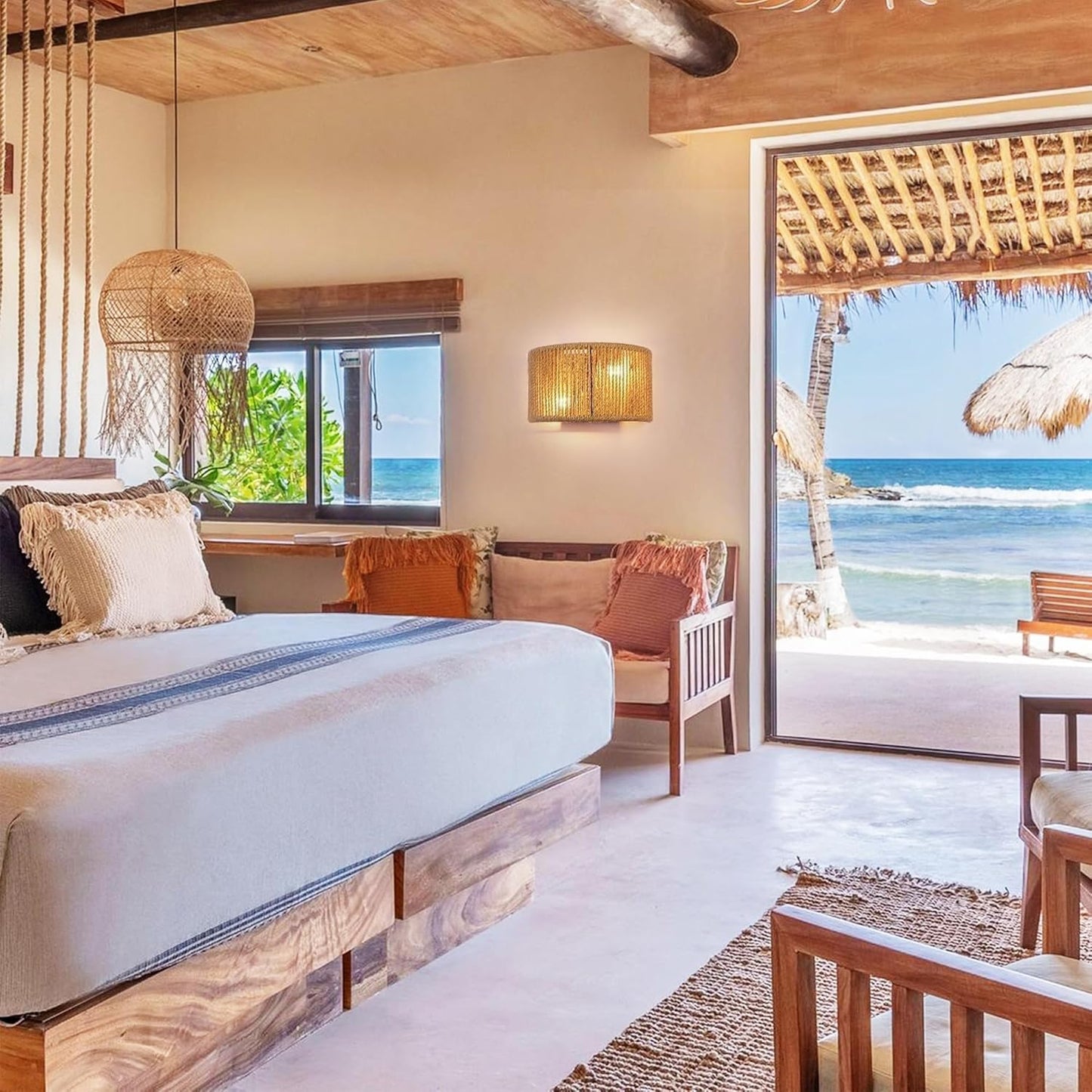 Rattan Wall Sconce Boho Wall Light Fixture Hand Woven Wall Mounted Lamp for Bedside, Staircase, Aisle, Porch, E12 Base D9.7 Inch